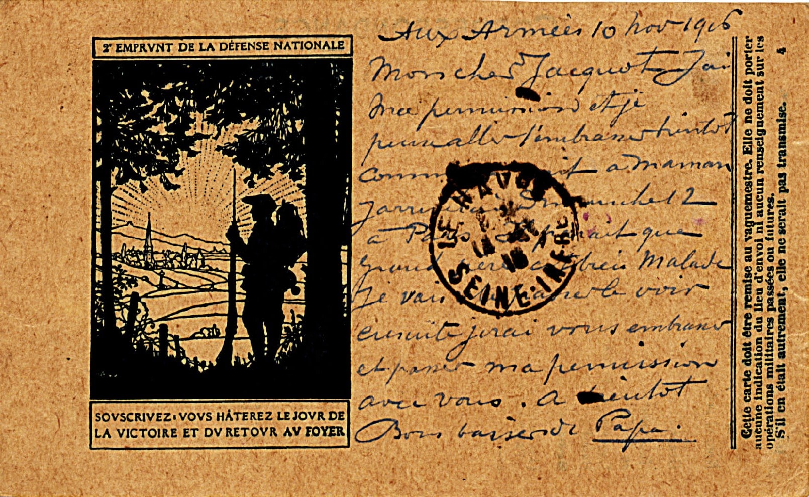 Carte « 2e emprunt de la Défense nationale », envoyée Henry Cottin, 134e RI. 10 novembre 1916. Archives nationales, 700AP/3/PA_054