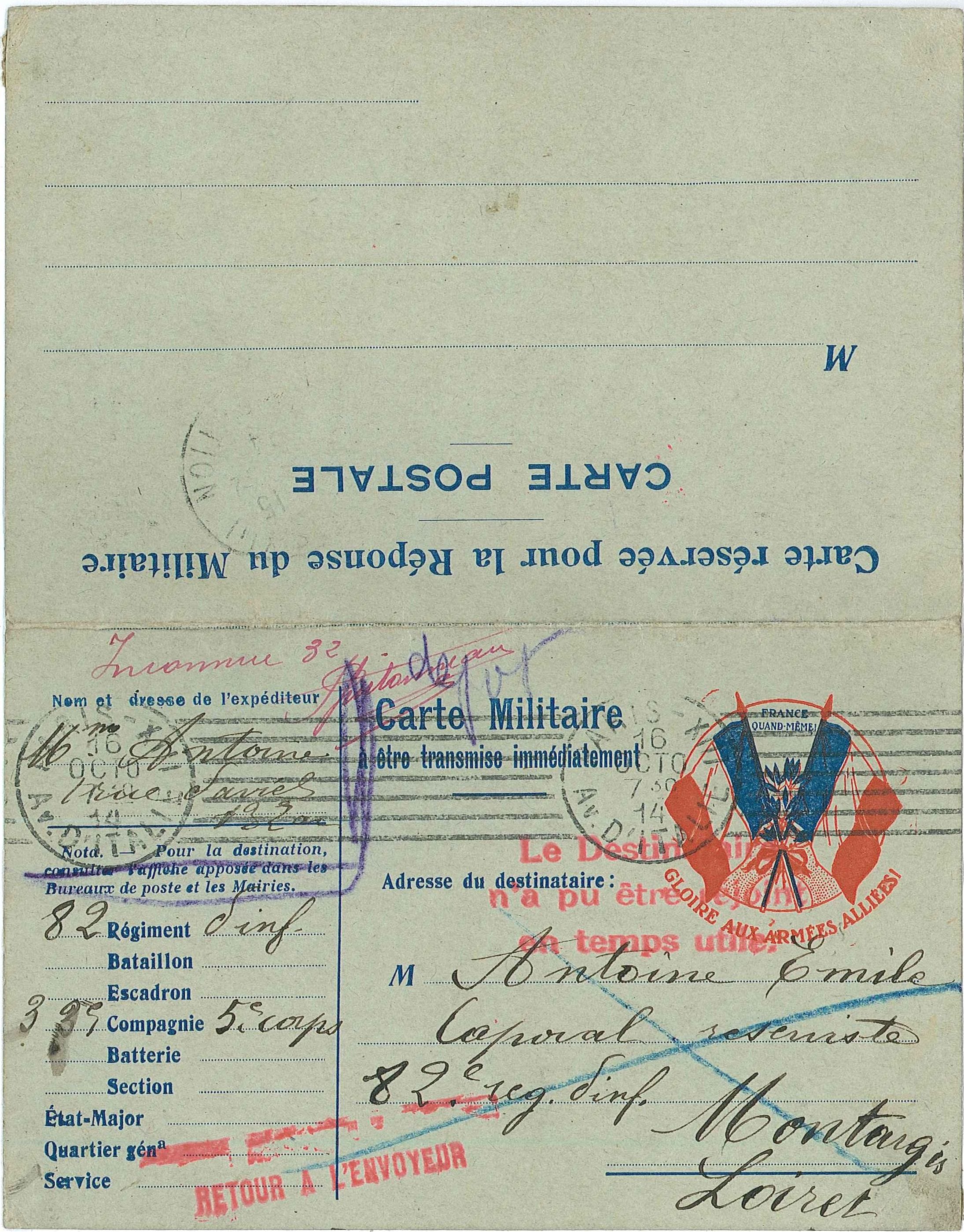 Carte avec drapeau français envoyée au caporal Émile Antoine, 169e RI. 16 octobre 1914. Archives nationales, 700AP/15/PI_01