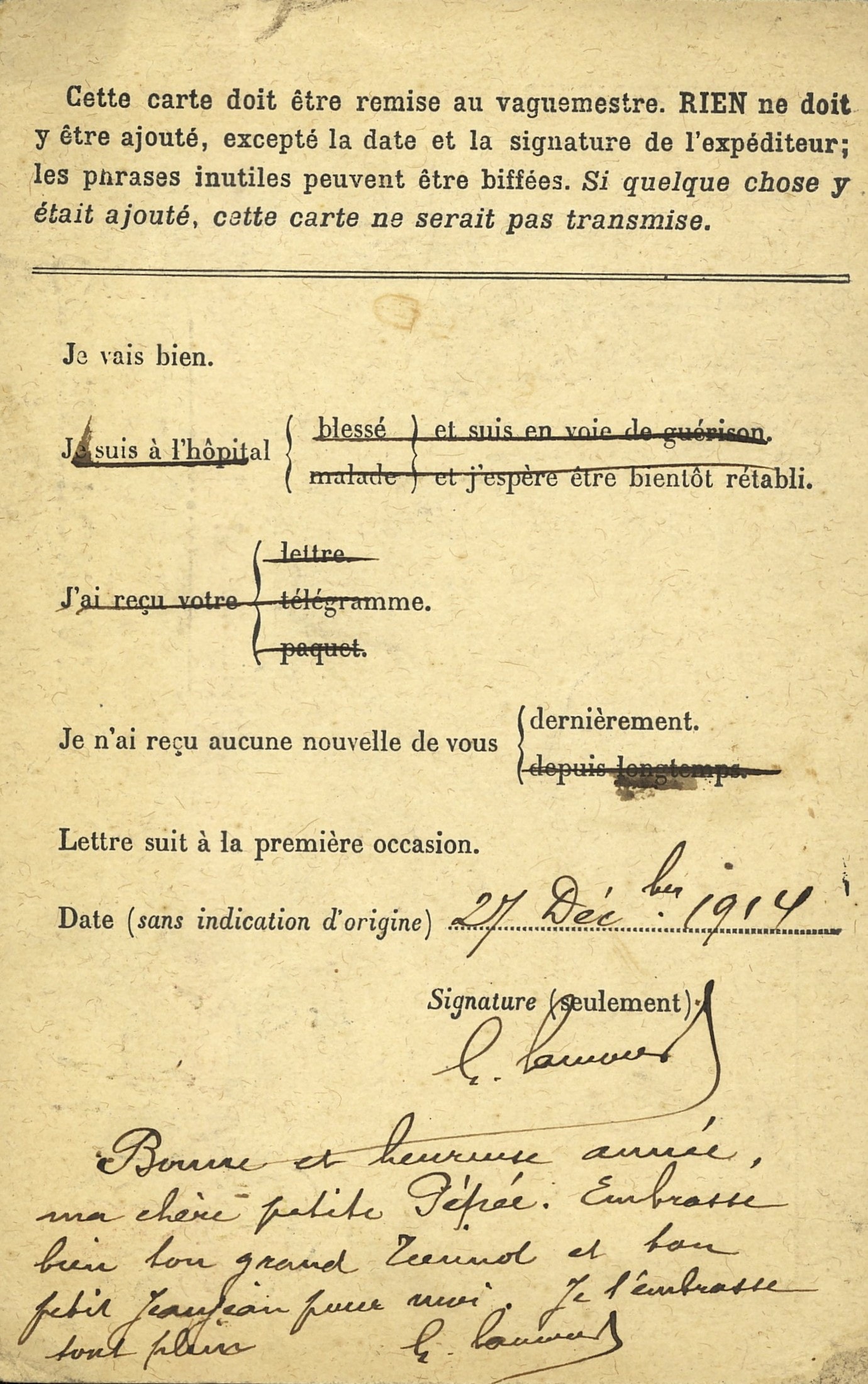 Carte de correspondance militaire avec cases à cocher, envoyée par le capitaine Georges Lamour, 73e RIT. 27 décembre 1914. Archives nationales, 700AP/3/PA_025