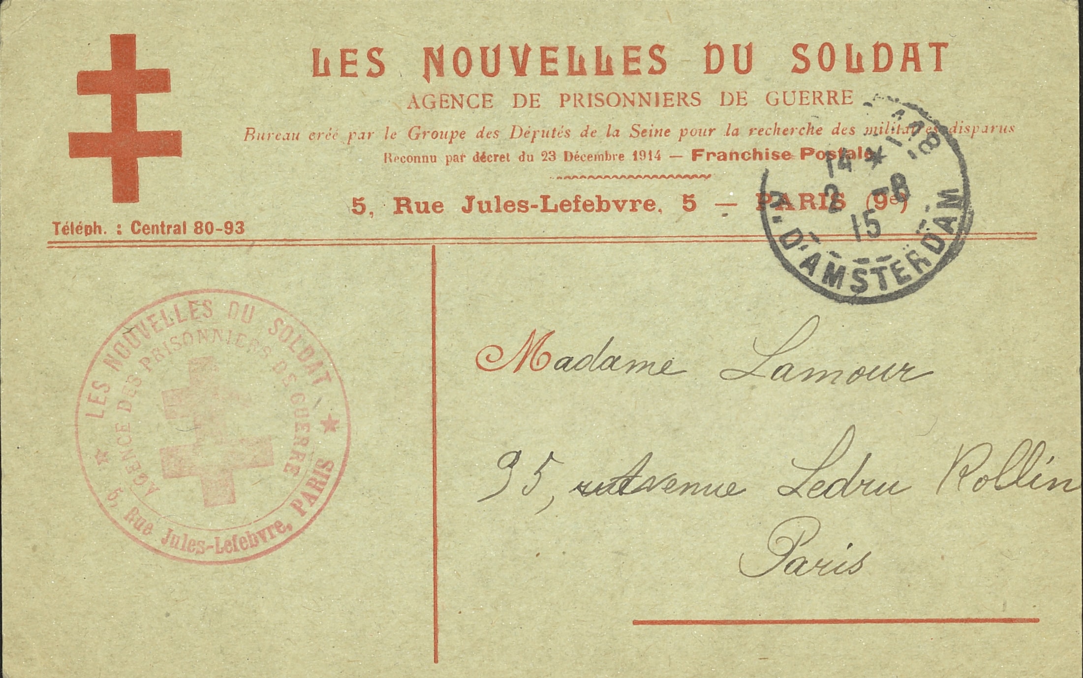 Carte « Nouvelles du soldat », envoyée à Madame Georges Lamour. 8 août 1915. Archives nationales, 700AP/3/PA_025