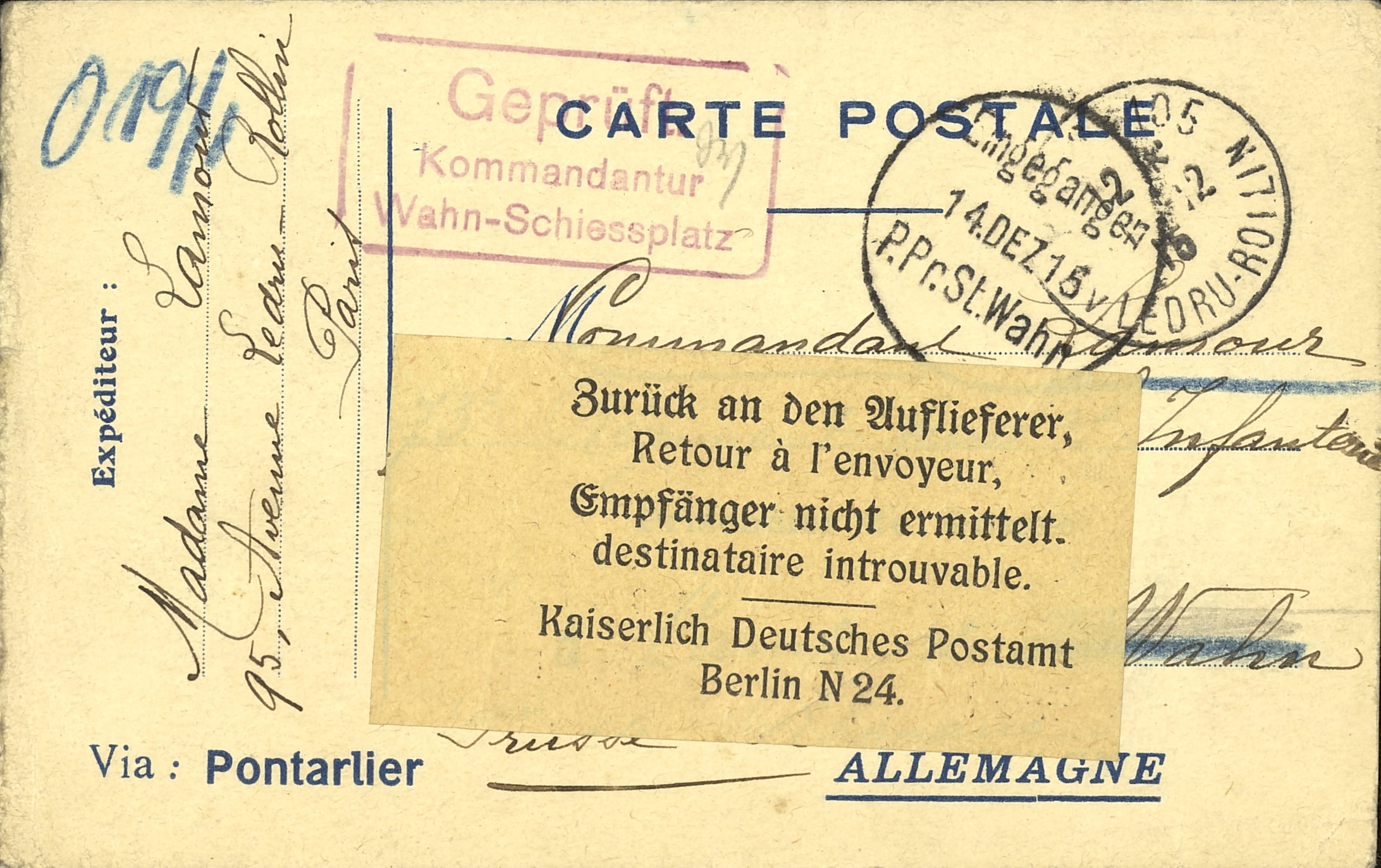 « Zurück zu unflieferer. Retour à l’envoyeur. Destinataire introuvable ». Carte renvoyée à l’épouse de Georges Lamour, 73e RIT. 14 décembre 1915. Archives nationales, 700AP/3/PA_025
