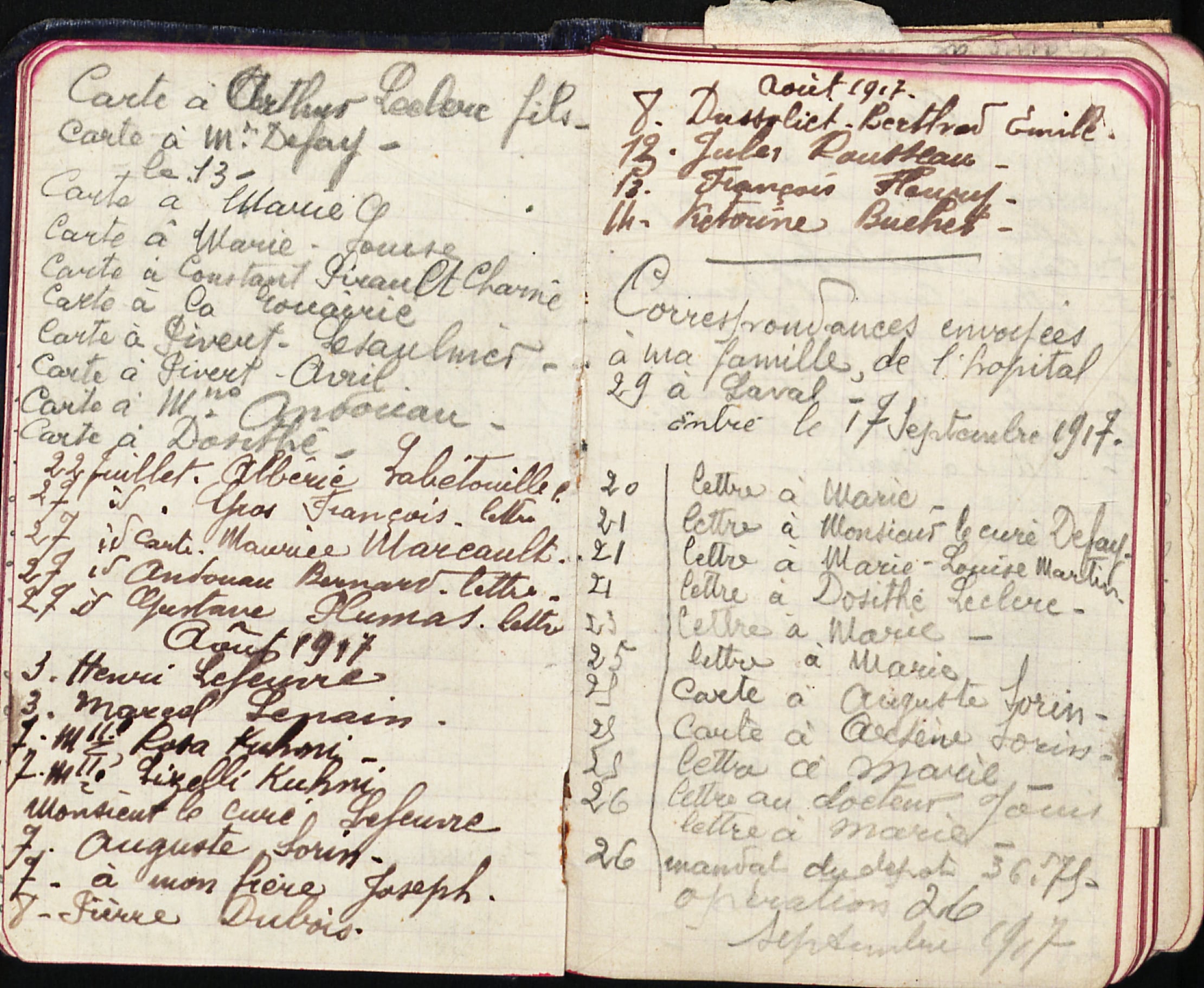 Liste des cartes envoyées en juillet-août-septembre 1917, par Eugène Pirault, 330e RI, dans son carnet de notes. Archives nationales, 700AP/22/PI_065
