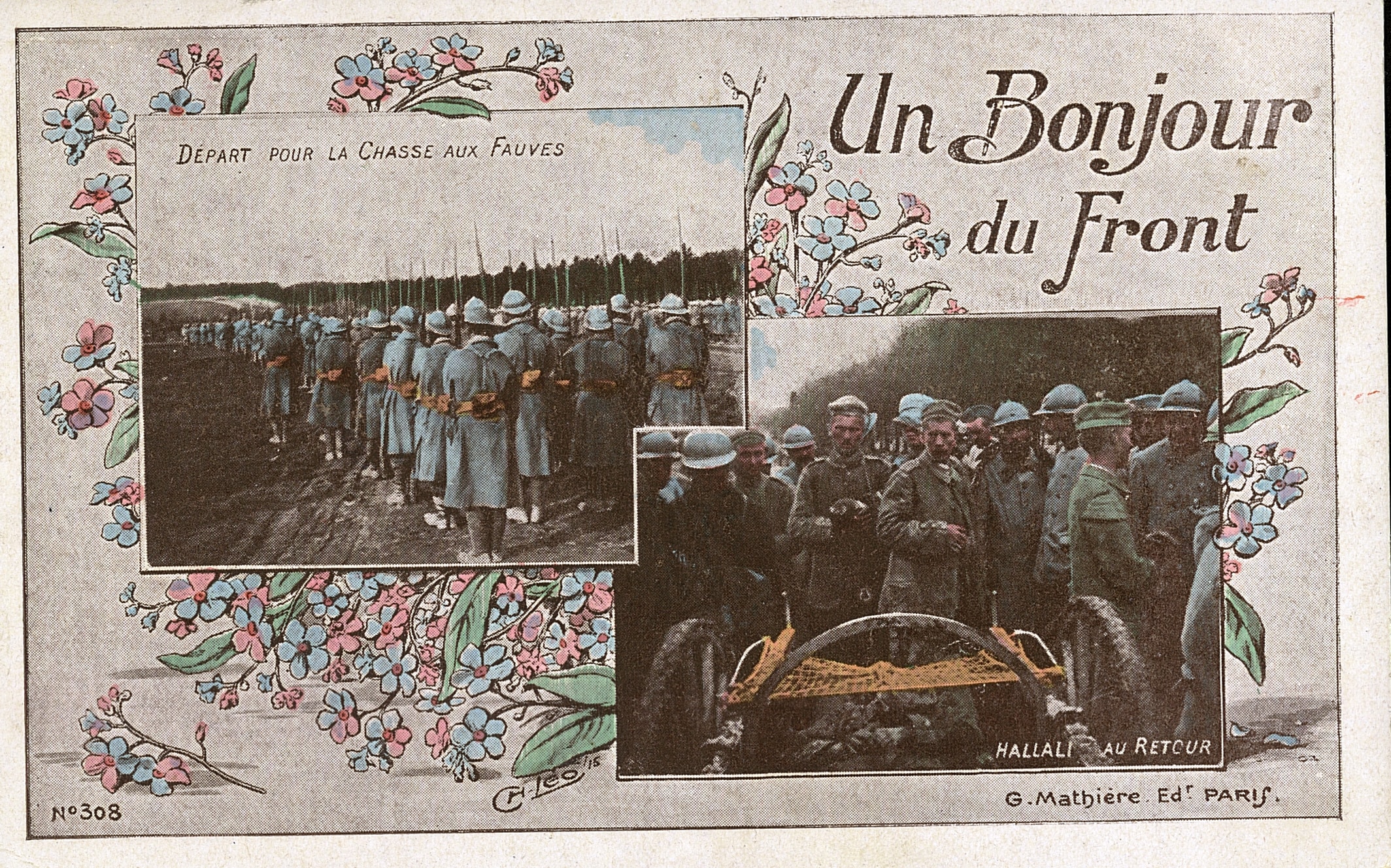 « Départ pour la chasse aux fauves ». Carte postale reçue par Émilienne Ysabel, fiancée de Joseph Henry, 136e RI. 14 novembre 1915. Archives nationales, 700AP/3/PA_078