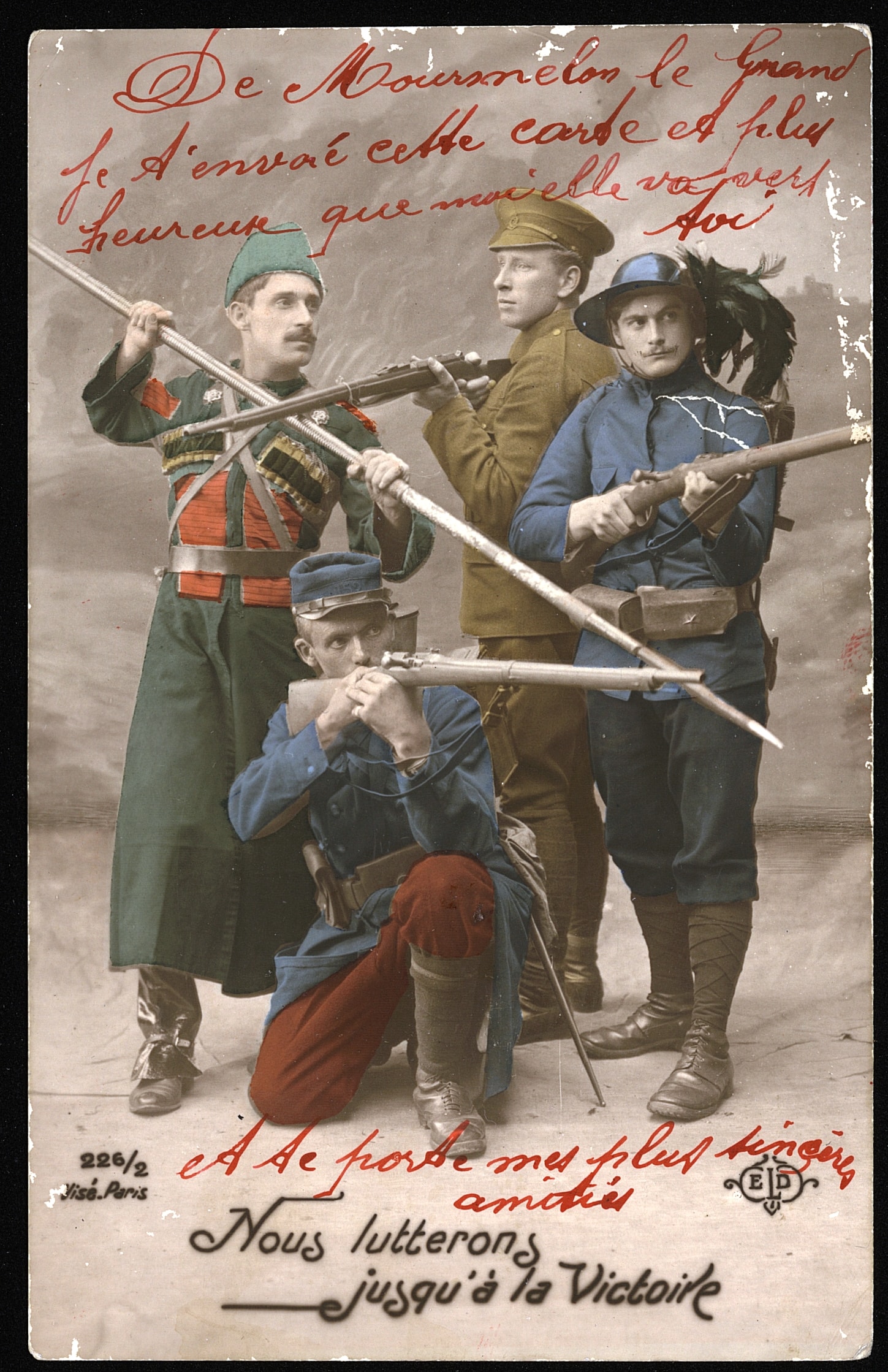 « Nous lutterons jusqu’à la victoire ». Carte postale reçue par Émilienne Ysabel, fiancée de Joseph Henry, 136e RI. 30 décembre 1915. Archives nationales, 700AP/3/PA_078