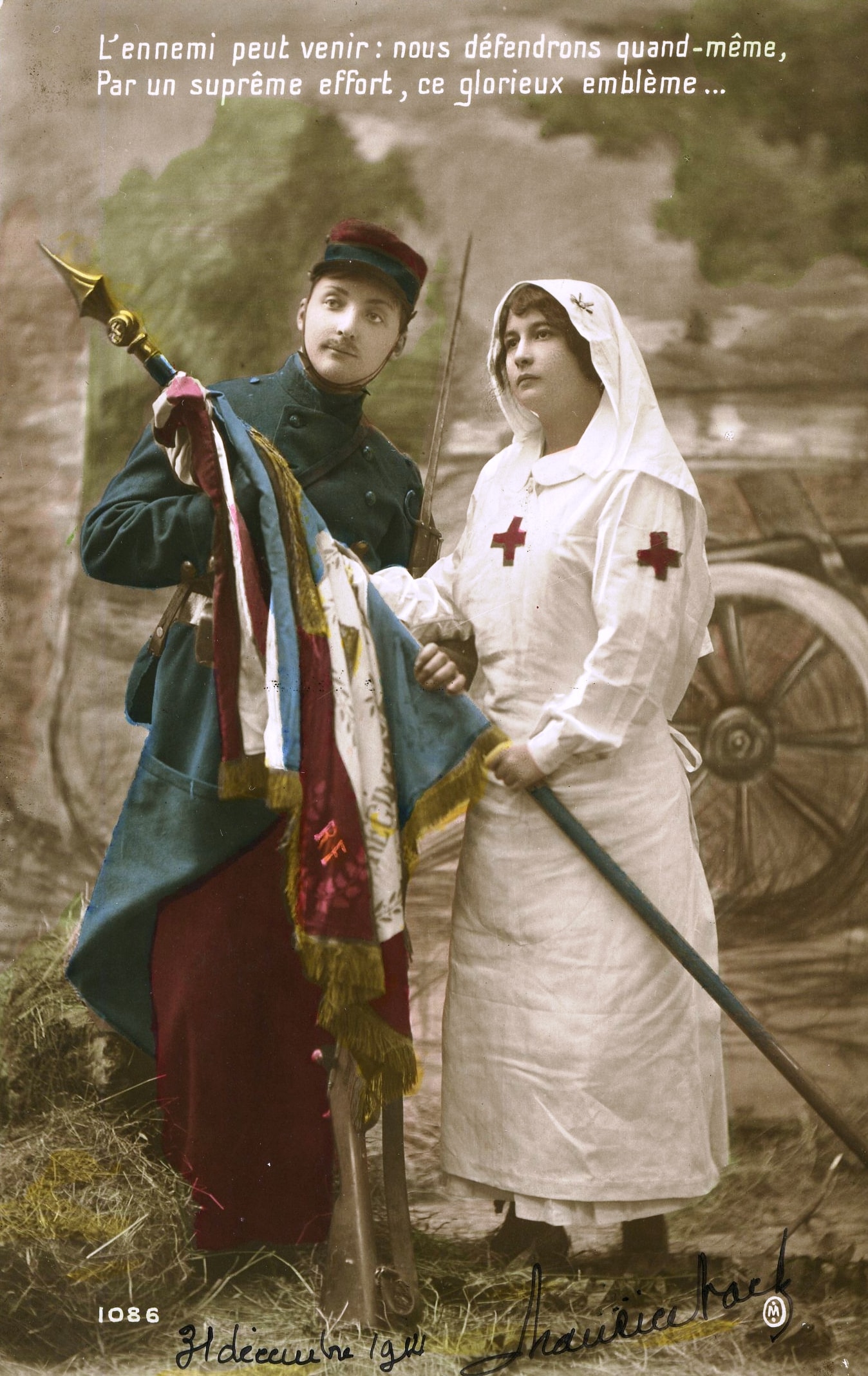 « L’ennemi peut venir, nous défendrons quand même, par un suprême effort, ce glorieux emblème ». Carte de voeux envoyée par Maurice Vacle à ses parents. 31 décembre 1914. Archives nationales, 700AP/10/PA_231