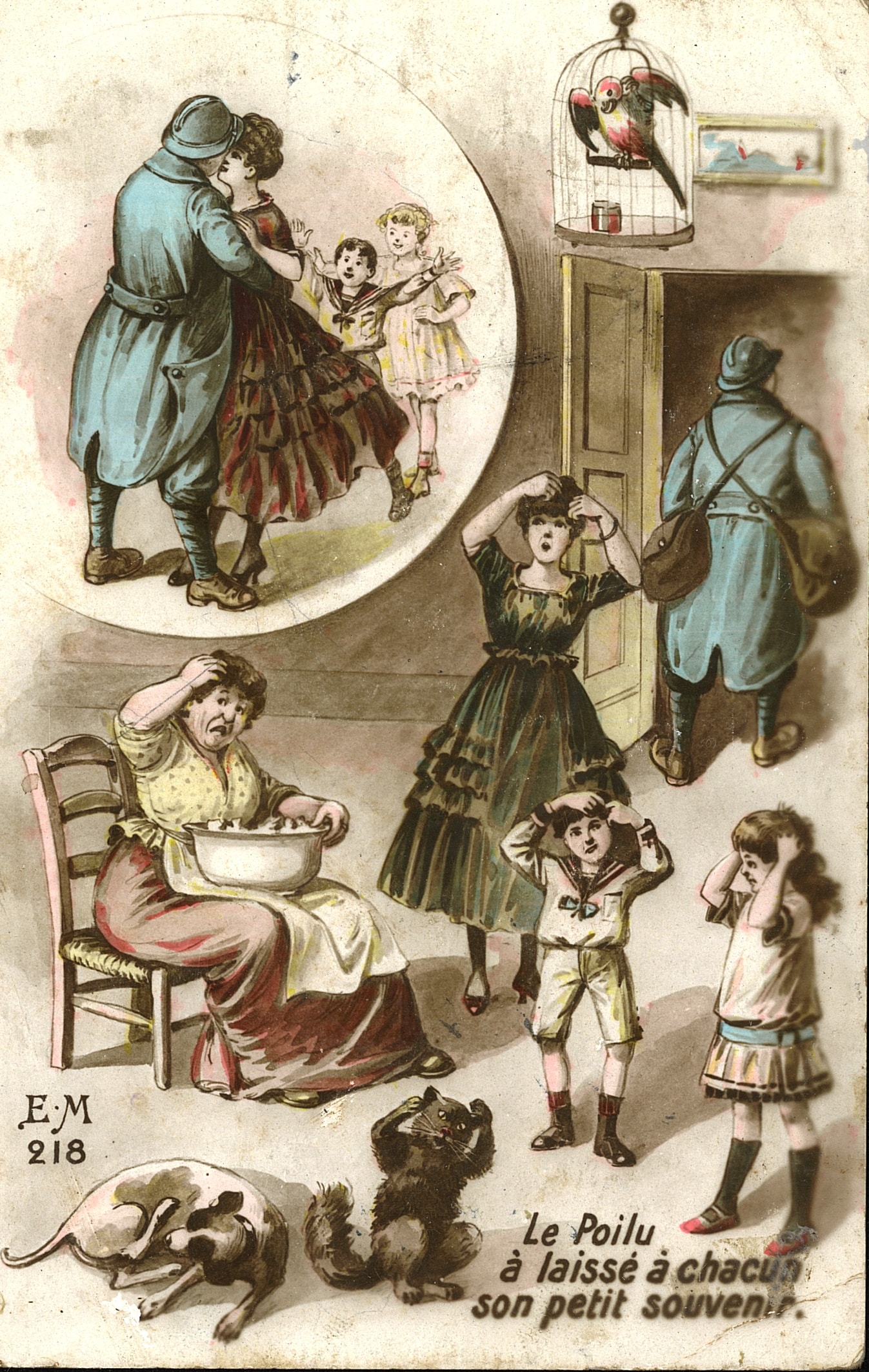 « Le Poilu a laissé à chacun son petit souvenir ». Carte postale envoyée à Albert Soiron, 46e RI, par sa mère. 25 septembre 1916. Archives nationales, 700AP/3/PA_170