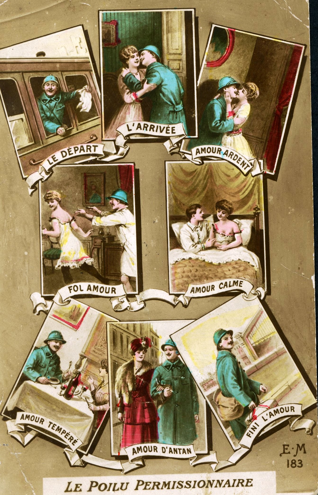 « Le Poilu permissionnaire ». Carte postale envoyée par A. Dufour à un ami. 11 juillet 1917. Archives nationales, 700AP/5/PA_118