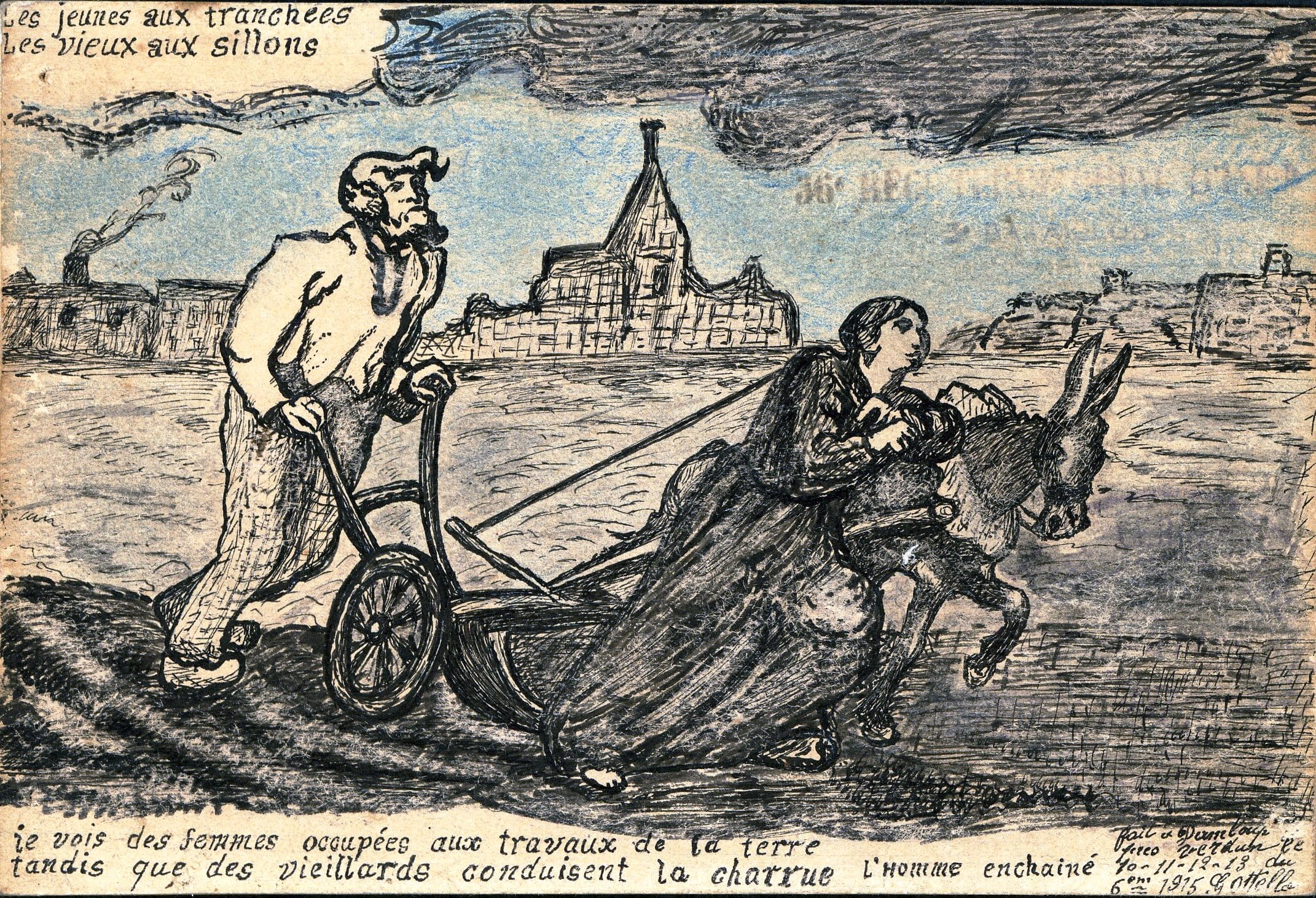 « Les jeunes aux tranchées, les vieux aux sillons ». Carte postale de Paul Gabriel Ottello, 36e RIT. 10-13 juin 1915. Archives nationales, 700AP/5/PA_102