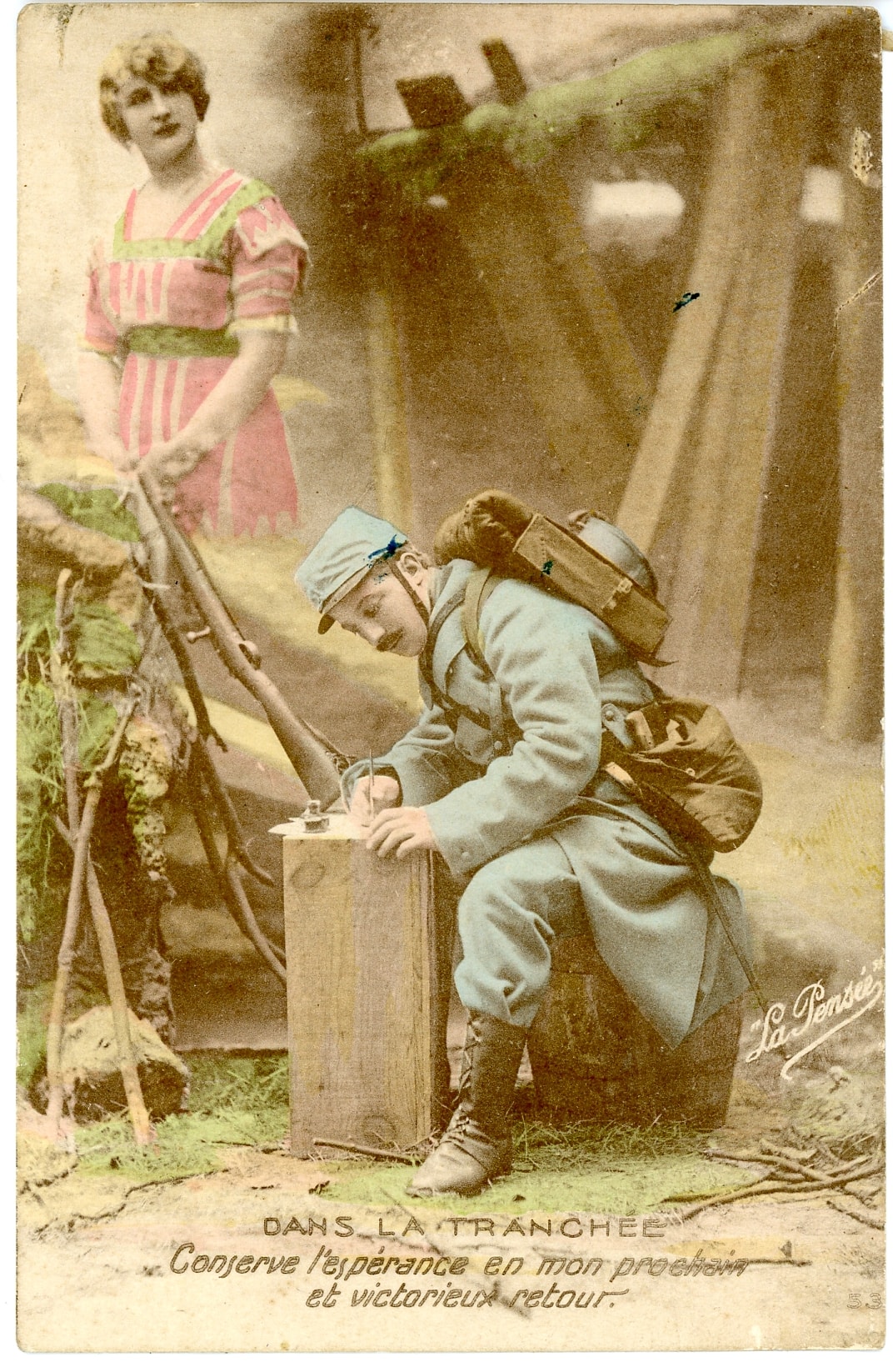 « Dans la tranchée. Conserve l’espoir en mon prochain et victorieux retour ». Carte postale envoyée par Eugène Charnotet, 149e RI. 9 mai 1918. Archives nationales, 700AP/13/PA_292