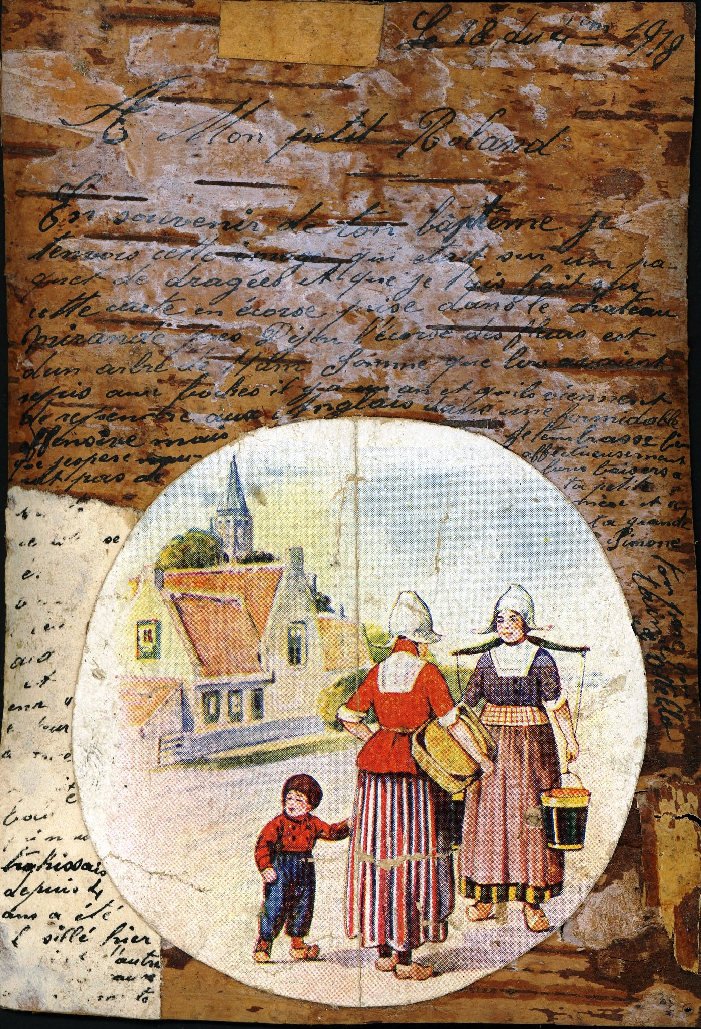 Carte postale en écorce de bouleau, envoyée par Paul Gabriel Ottello, 36e RIT. 18 avril 1918. Archives nationales, 700AP/5/PA_102