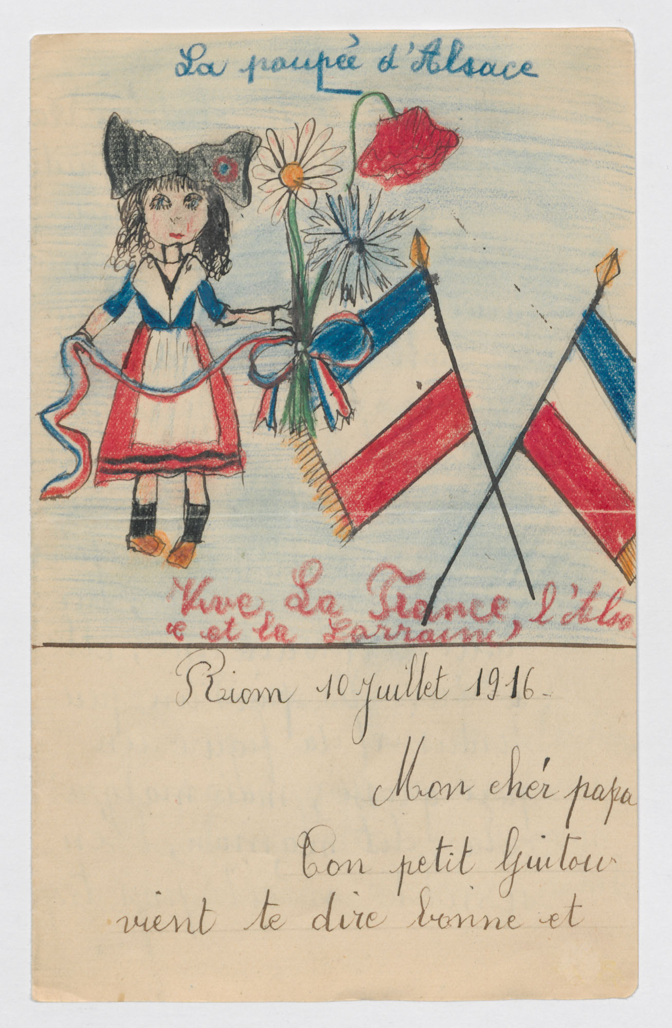 « La poupée d’Alsace ». Lettre de Marguerite à son père, l'adjudant Eugène Hosmalin, 99e RIT. 10 juillet 1916. Archives nationales, 700AP/5/PA_101