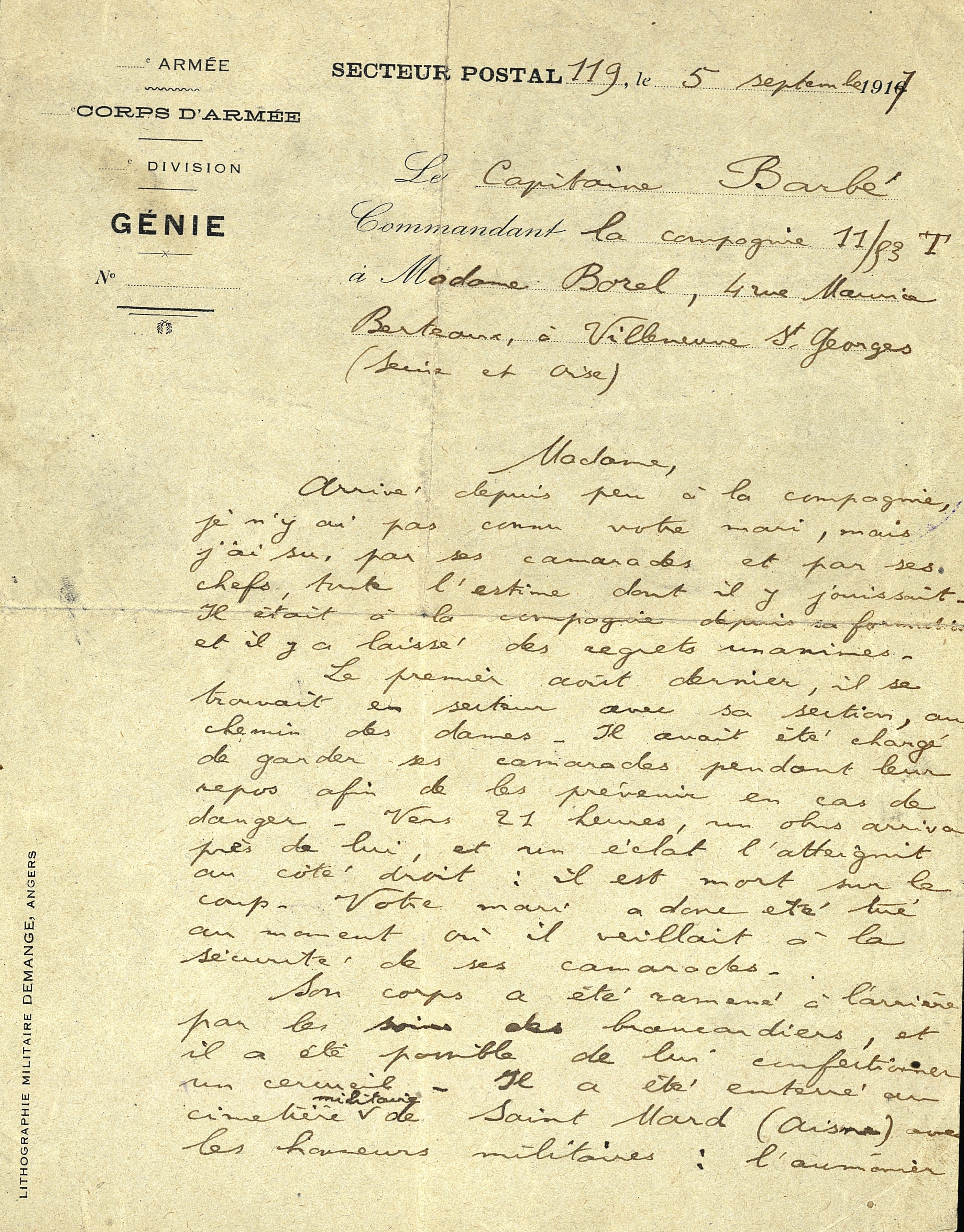 Lettre du capitaine Barbé à Madame Borel donnant les circonstances du décès et du lieu d’inhumation de son mari, Louis Borel (†1er août 1917), 6e Génie. 5 septembre 1917. Archives nationales, 700AP/1/PA_006