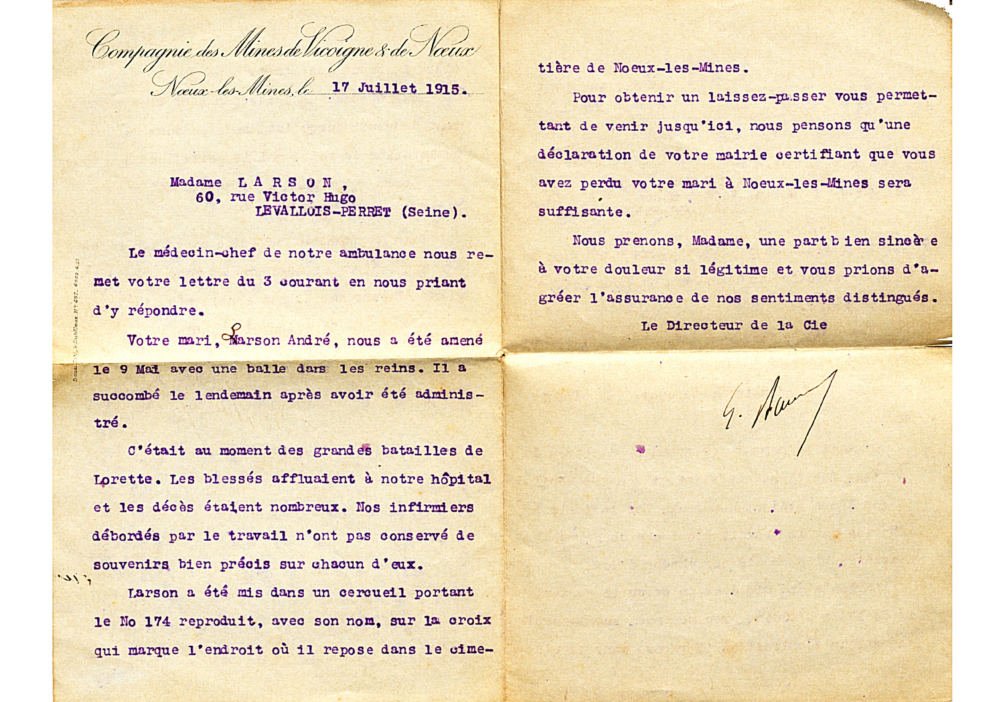 Lettre adressée à Madame Larson donnant les circonstances du décès et le lieu d’inhumation de son mari André Larson, 1er Génie († 10 mai 1915). 17 juillet 1915. Archives nationales, 700AP/15/PI_008