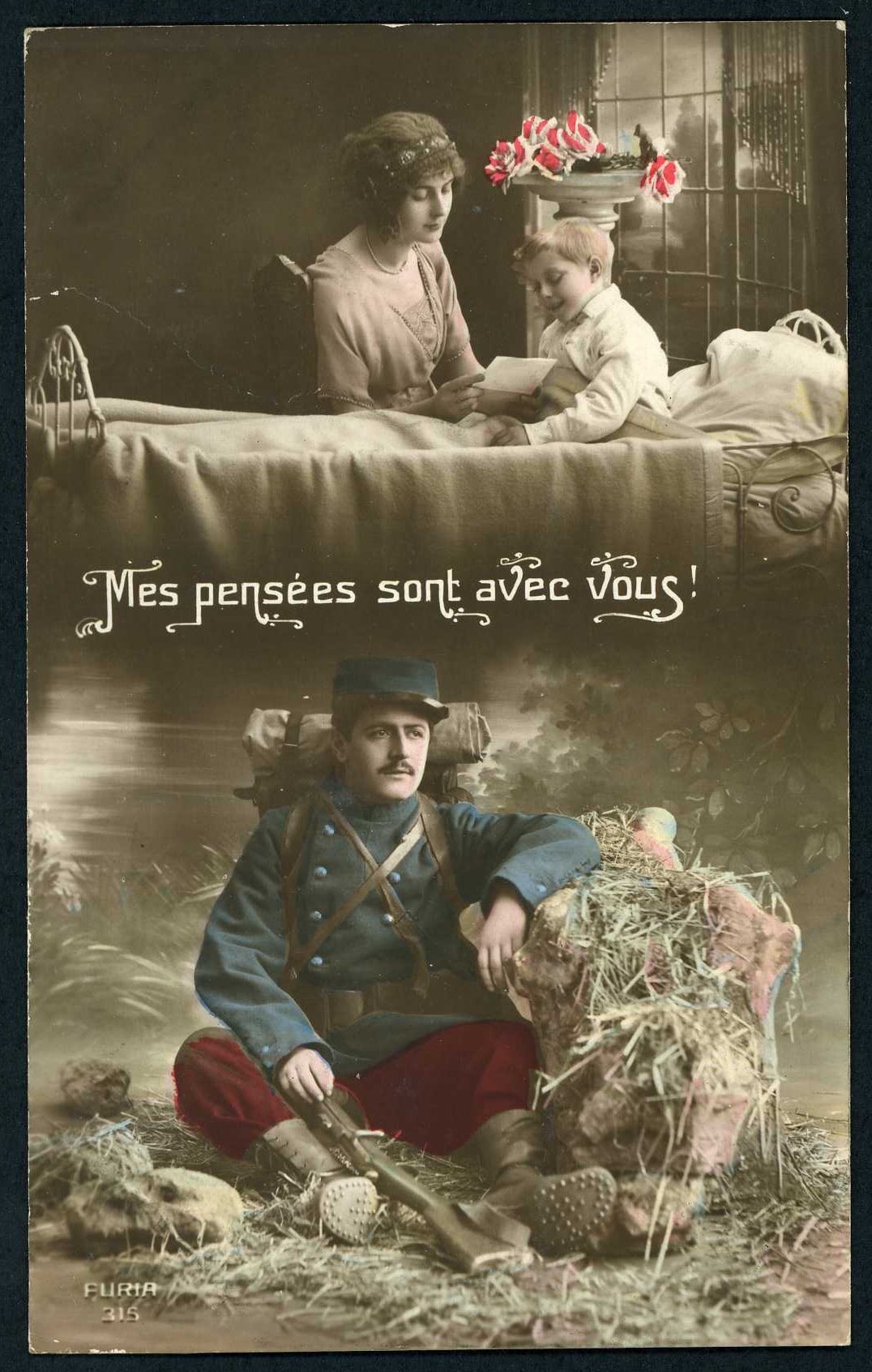 « Mes pensées sont avec vous ». Carte de Jean-Marie Durand à sa femme Eugénie et à sa fille Marie-Louise. 18 avril 1915. Archives nationales, 700AP/14/PA_340
