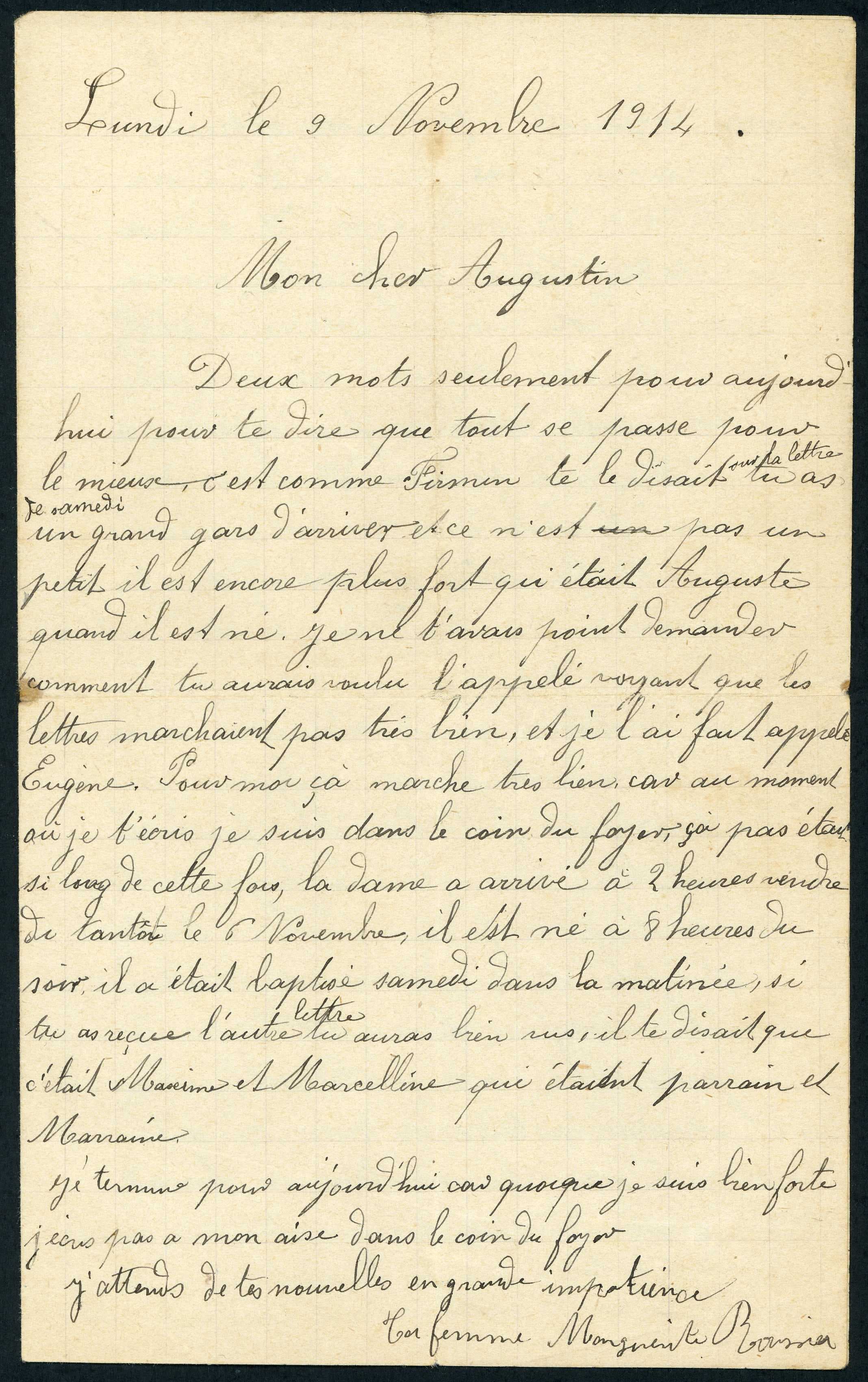Lettre de Marguerite Roussier à son mari Augustin Enfrin, lui annonçant la naissance de leur enfant. 9 novembre 1914. Archives nationales, 700AP/14/PA_342