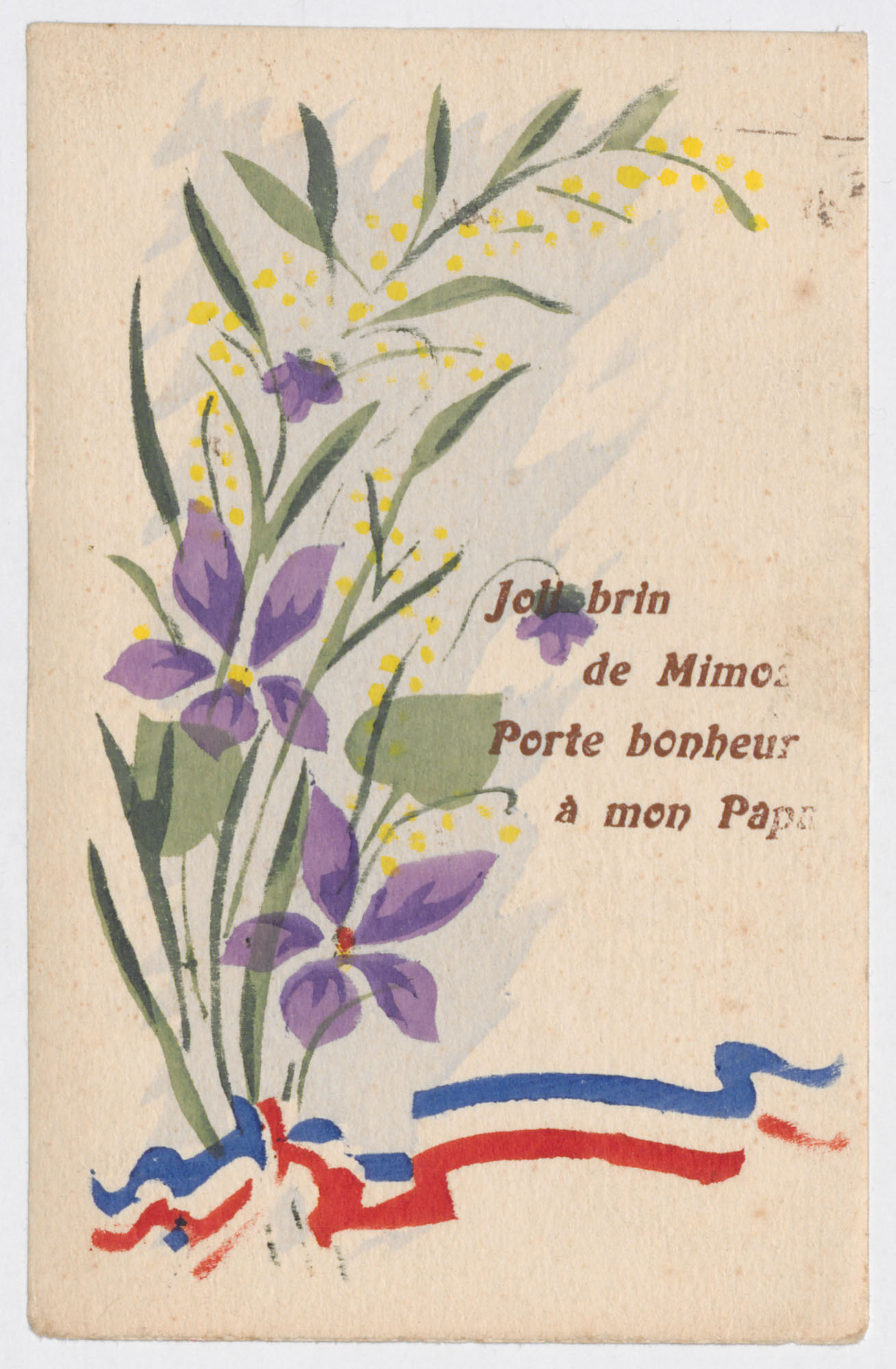« Joli brin de mimosa porte bonheur à mon papa ». Carte envoyée par Hélène à son père Jules Bobillot, 50e RI. 17 juillet 1916. Archives nationales, 700AP/PA_016