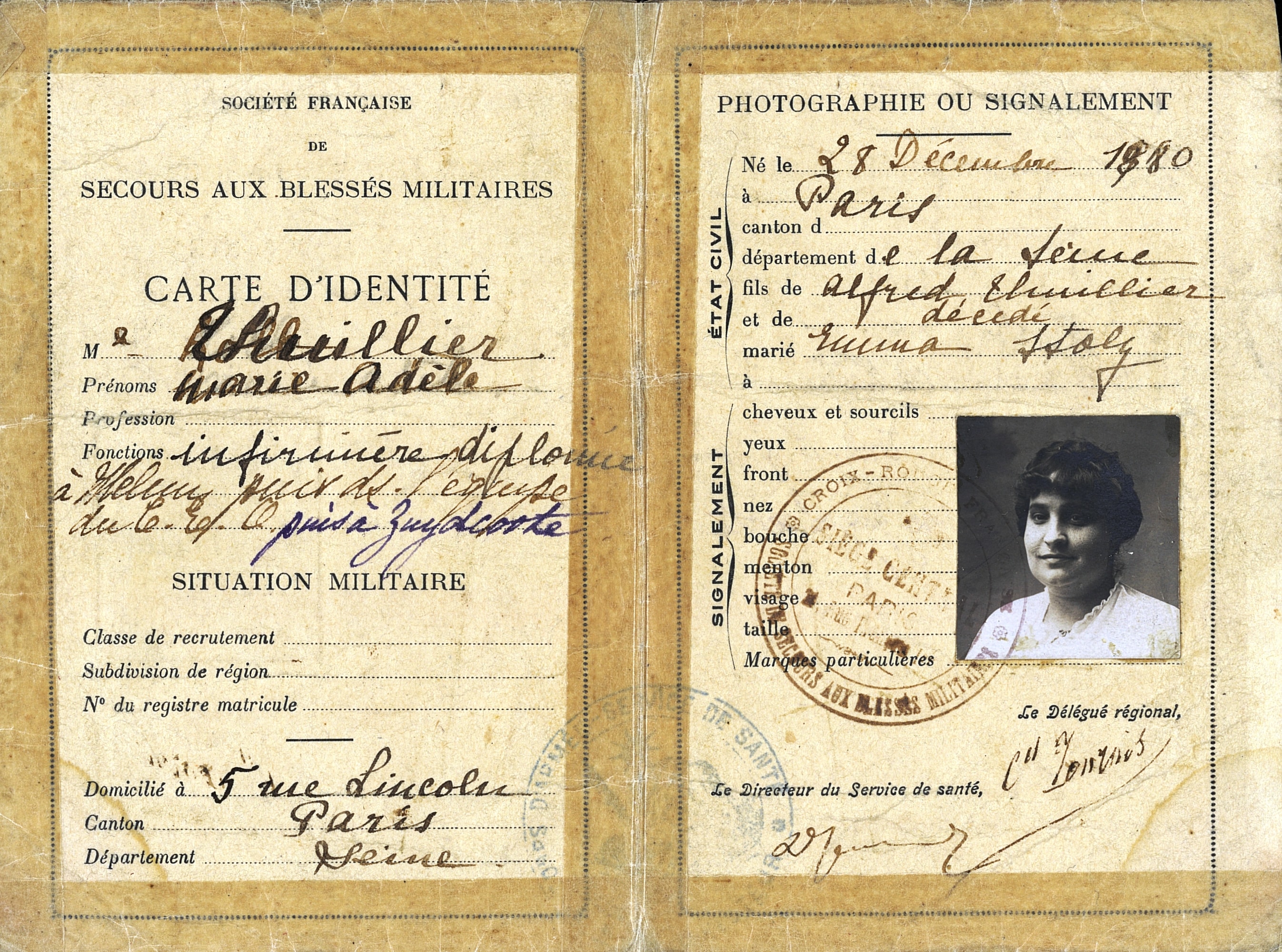 Carte d’identité de l’infirmière de Marie Thuillier. Sans date. Archives nationales, 700AP/12/PA_289