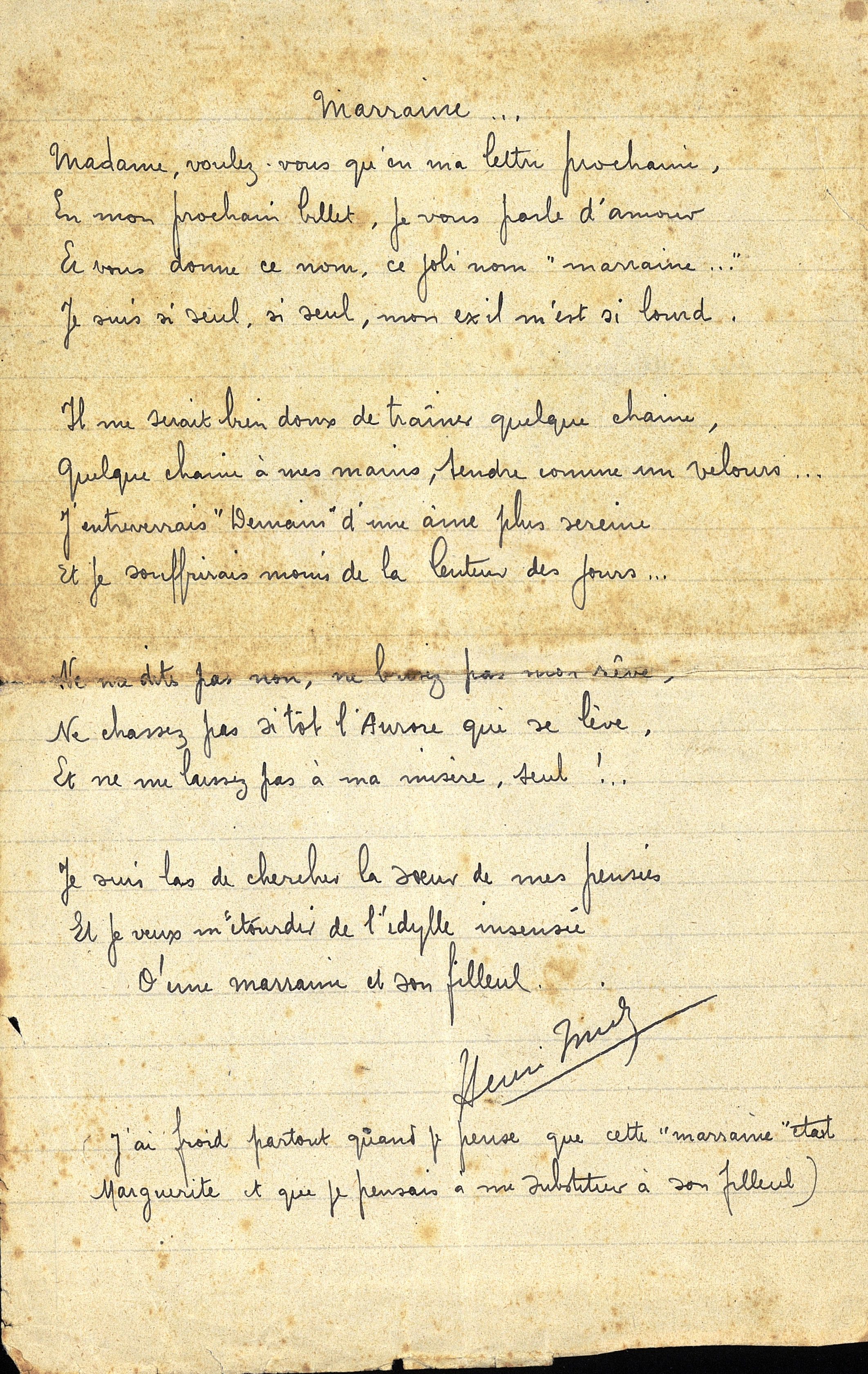 Poème d’Henri Midy sur sa marraine de guerre. Sans date. Archives nationales, 700AP/18/PI_041