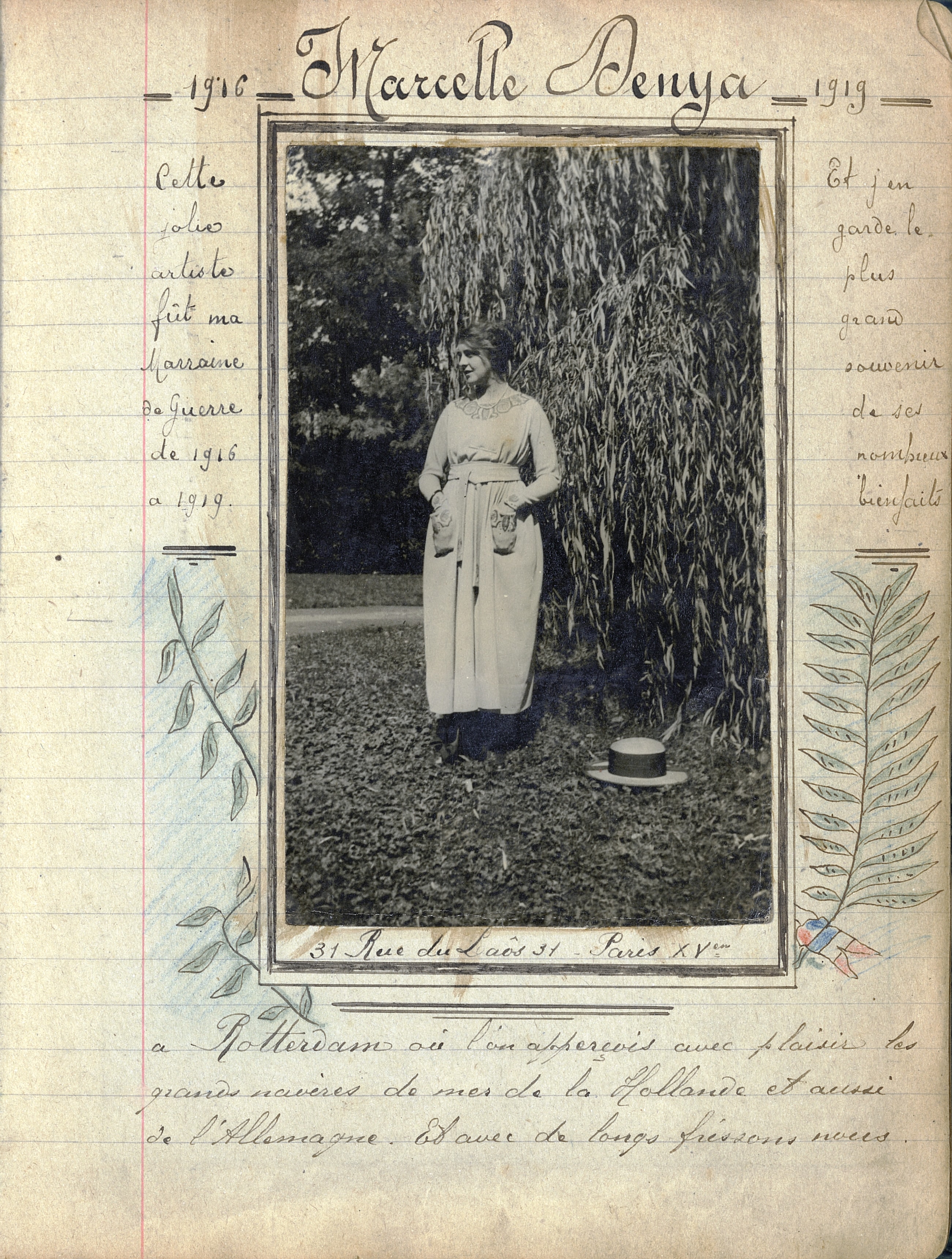 Hommage d’Henri Camier, 317e RI, prisonnier de guerre en Allemagne (camp de Friedrichsfeld) à sa marraine, Marcelle Denya, dans son carnet de souvenirs. Vers 1919. Archives nationales, 700AP/11/PA_268