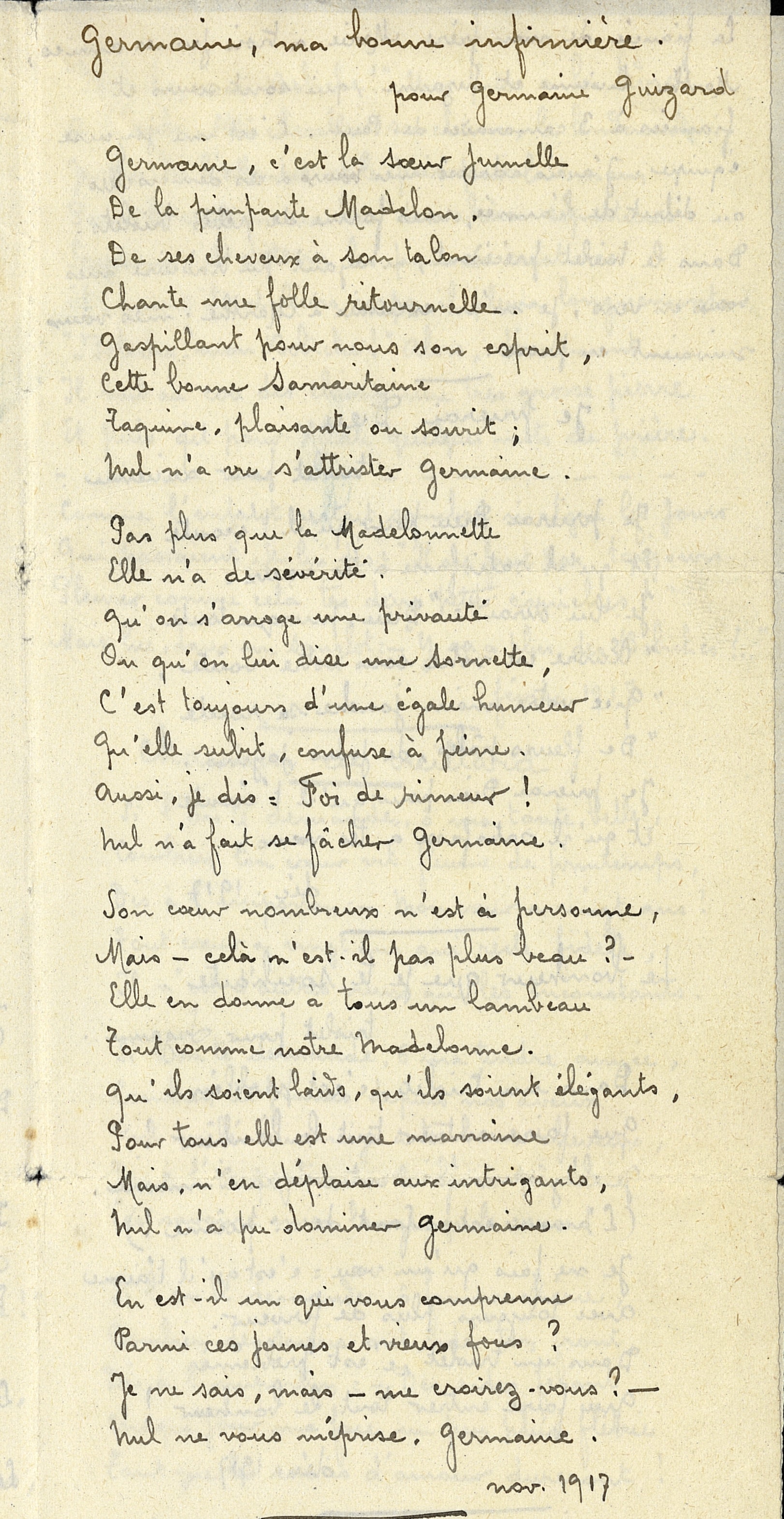 « Germaine, ma bonne infirmière », poème du soldat Henri Midy. Novembre 1917. Archives nationales, 700AP/18/PI_041