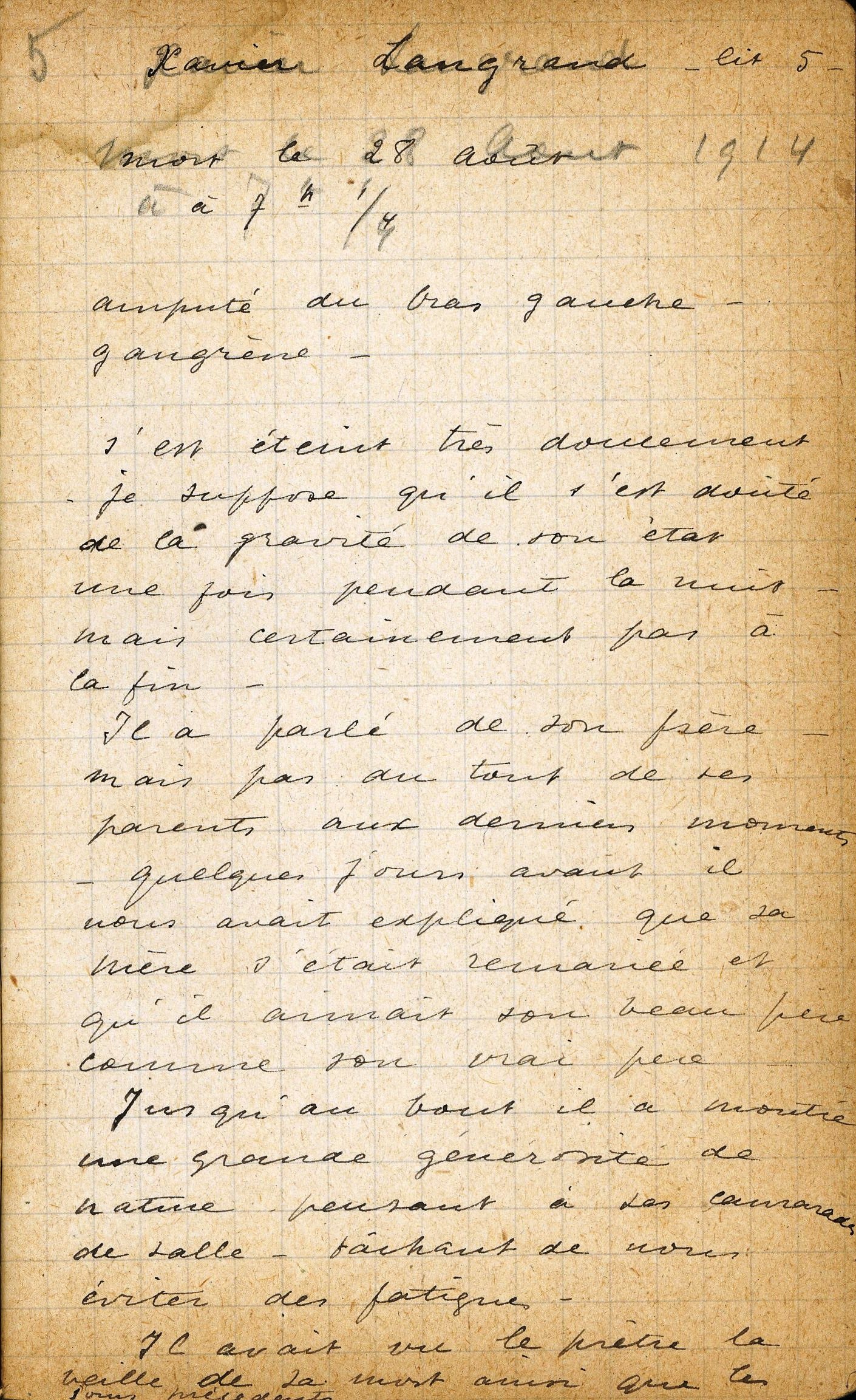 Carnet de l’infirmière Adrienne Bergès : dernières paroles d’un mourant à l’hôpital de Versailles. 28 août 1914. Archives nationales, 700AP/5/PA_119
