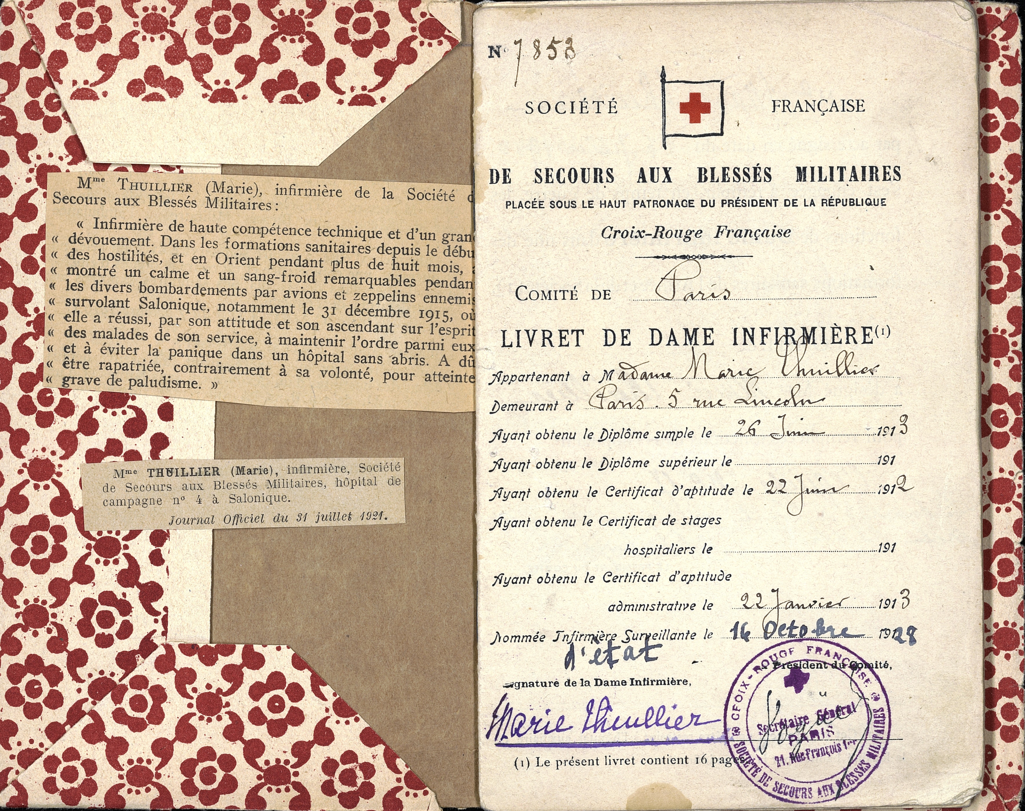 Livret de dame infirmière de Marie Thuillier. 1915-1928. Archives nationales, 700AP/12/PA_289