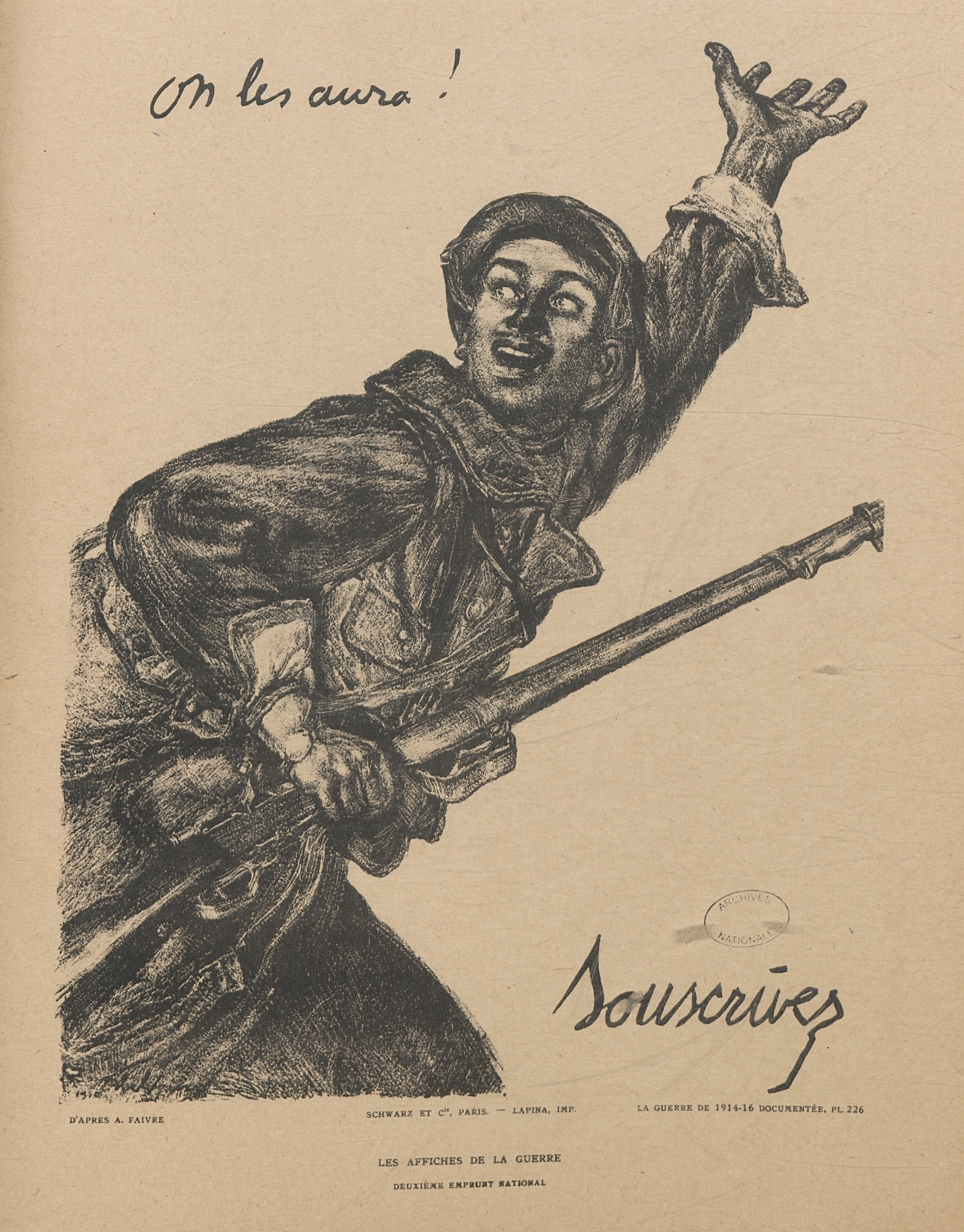 Affiche pour le 2e emprunt de la Défense nationale, dans La guerre 1914-16 documentée, planche 226. 1916. Archives nationales, 700AP/16/PI_030