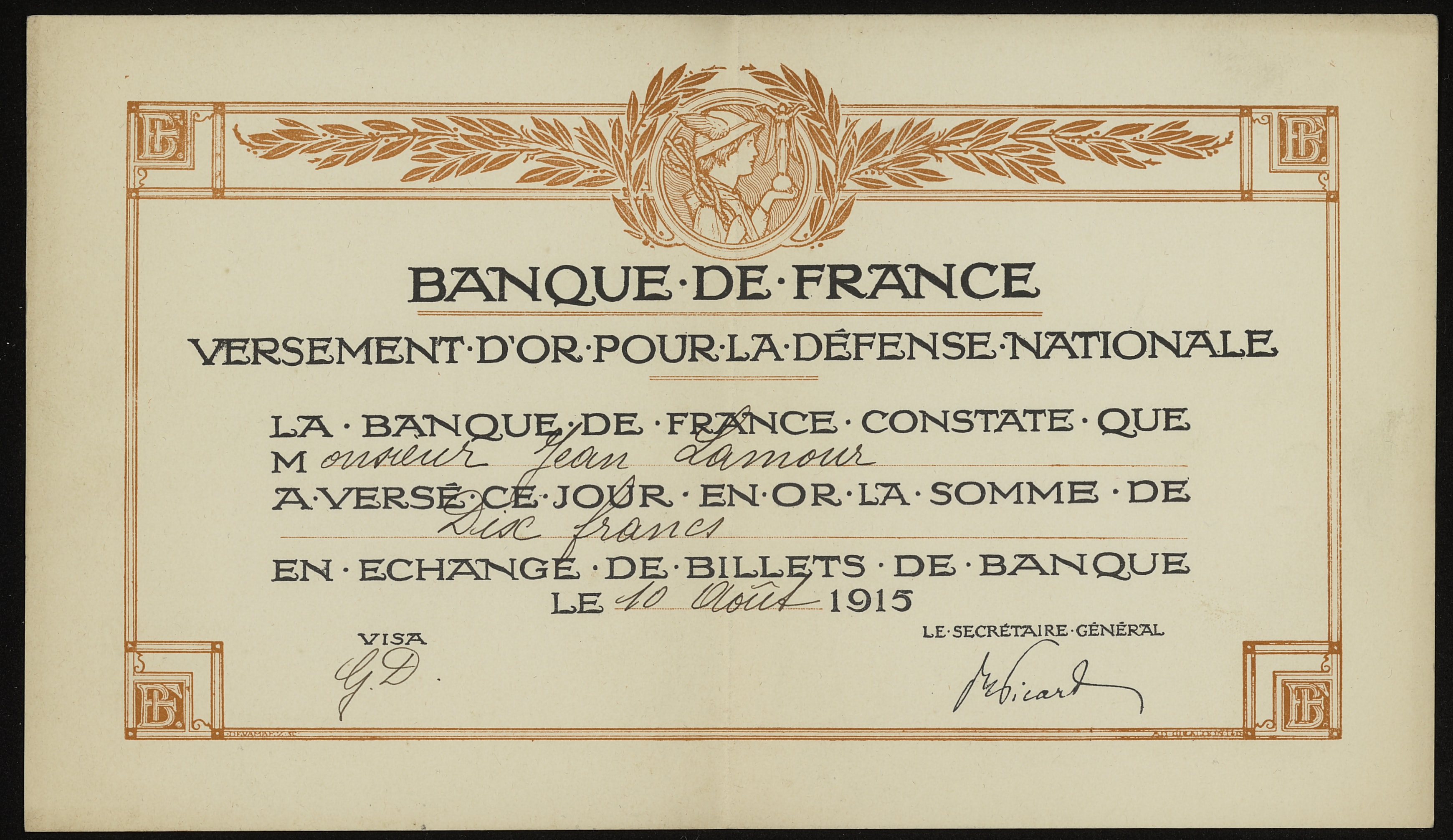 Attestation de versement pour l’emprunt de la défense nationale 1915, au nom de Jean Lamour. 10 août 1915. Archives nationales, 700AP/3/PA_025