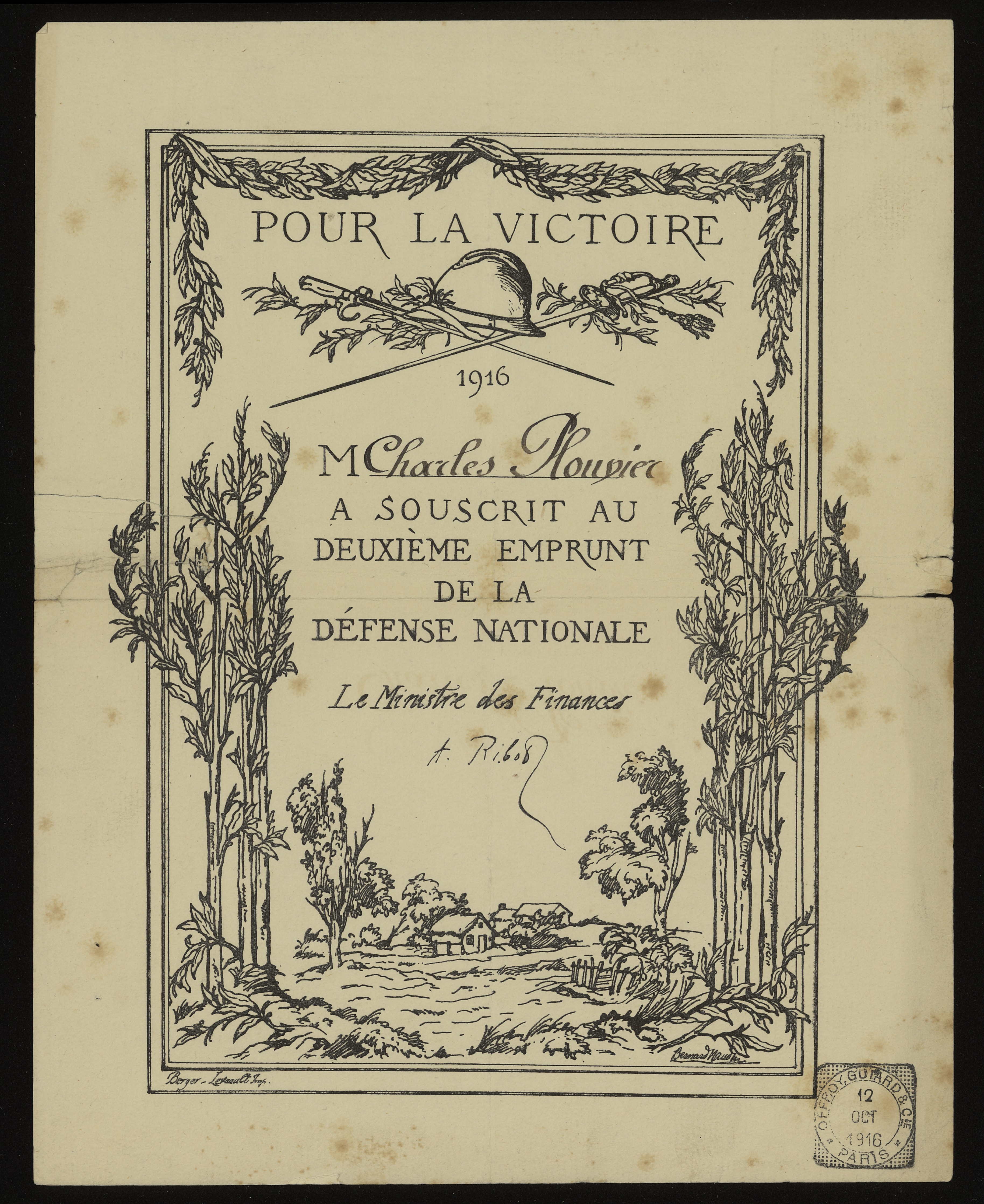 Diplôme de souscription au 3e emprunt de la défense nationale 1916, au nom de Charles Plouvier. 12 octobre 1916. Archives nationales, 700AP/3/PA_025