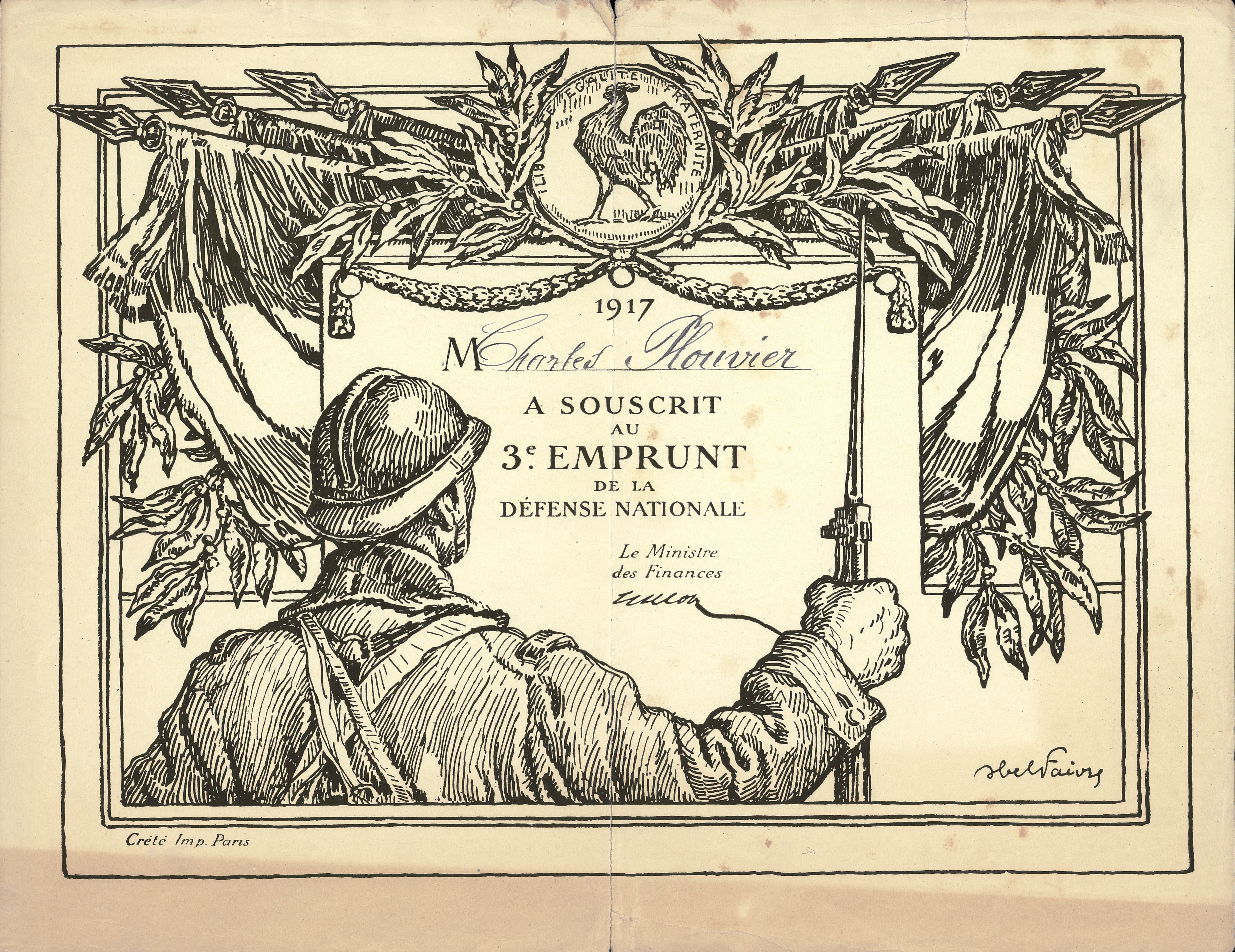 Diplôme de souscription au 3e emprunt de la défense nationale 1917, au nom de Charles Plouvier. Sans date (1917). Archives nationales, 700AP/3/PA_025