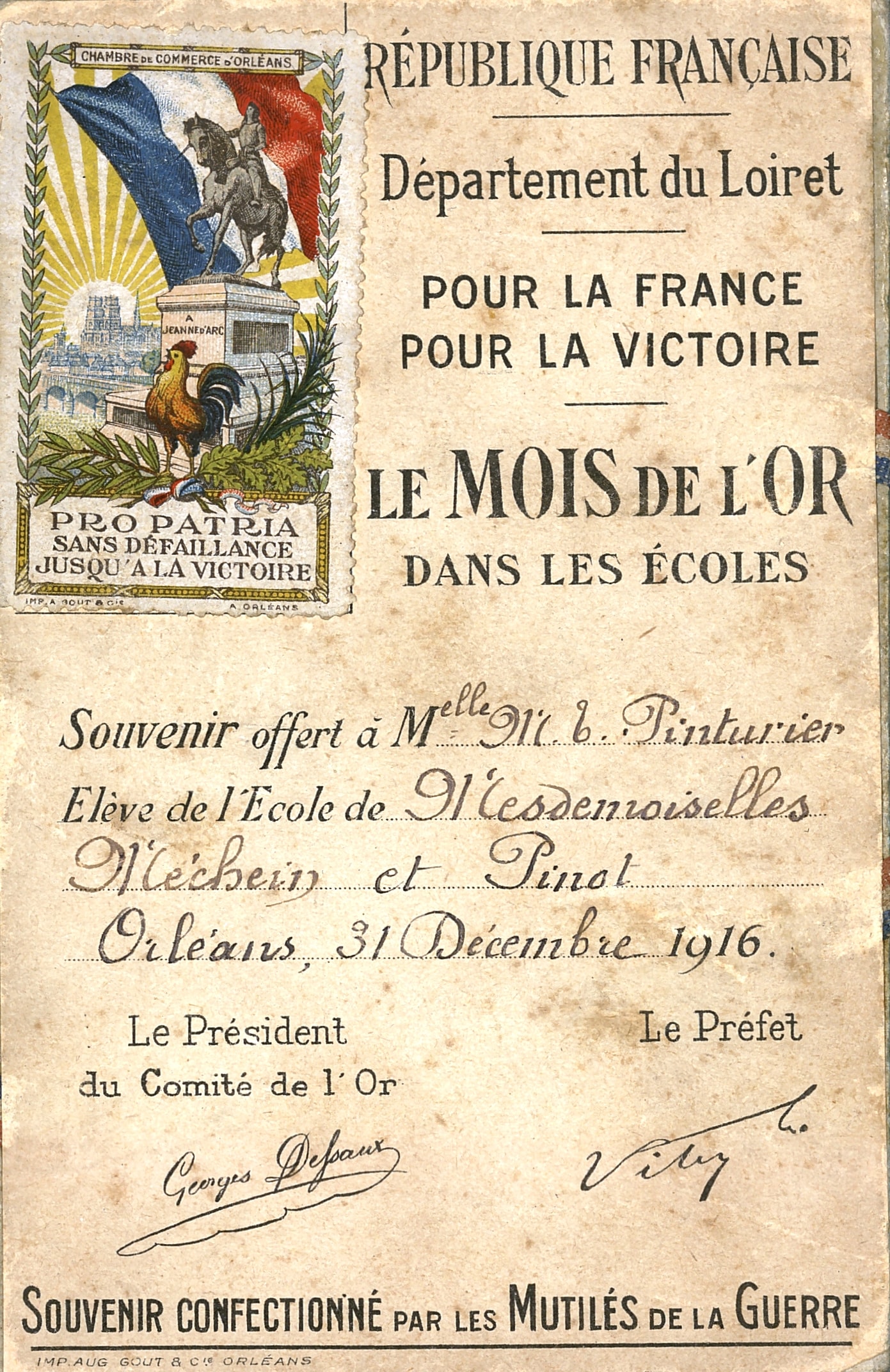 « Le mois de l’or dans les écoles ». Billet au nom de Marie-Thérèse Pinturier, Orléans, 31 décembre 1916. Archives nationales, 700AP/1/PA_001