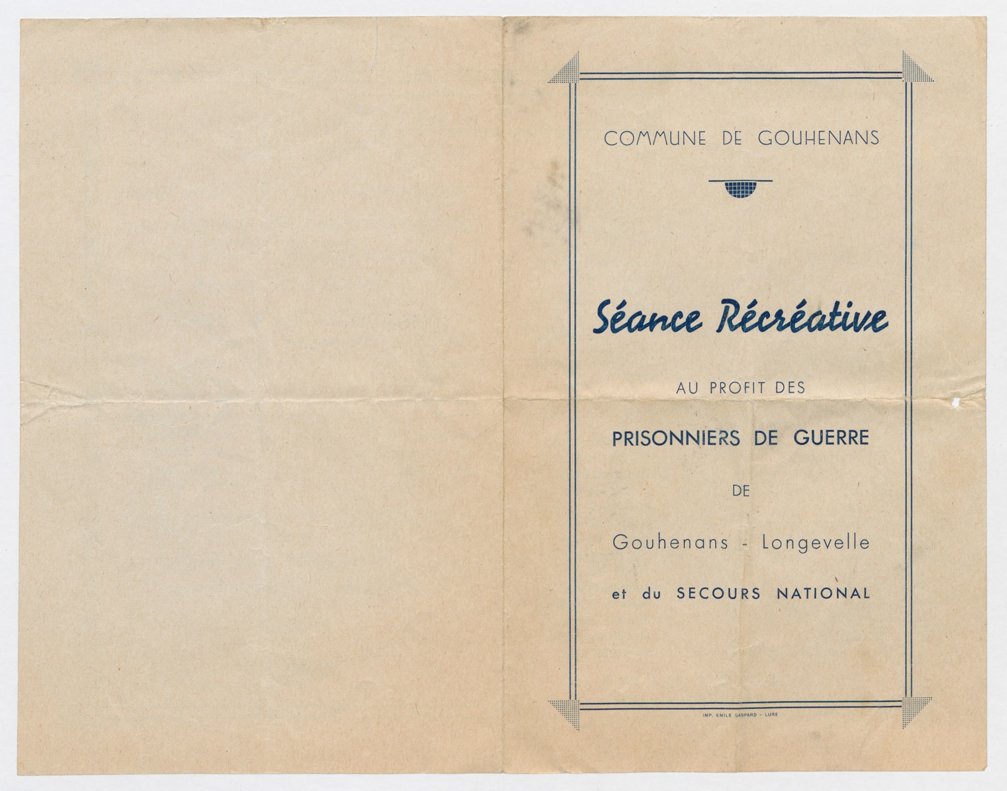 Programme de la séance récréative au profit de prisonniers de guerre à Gouhenans-Longevelle (Haute-Saône). Sans date. Archives nationales, 700AP/3/PA_016