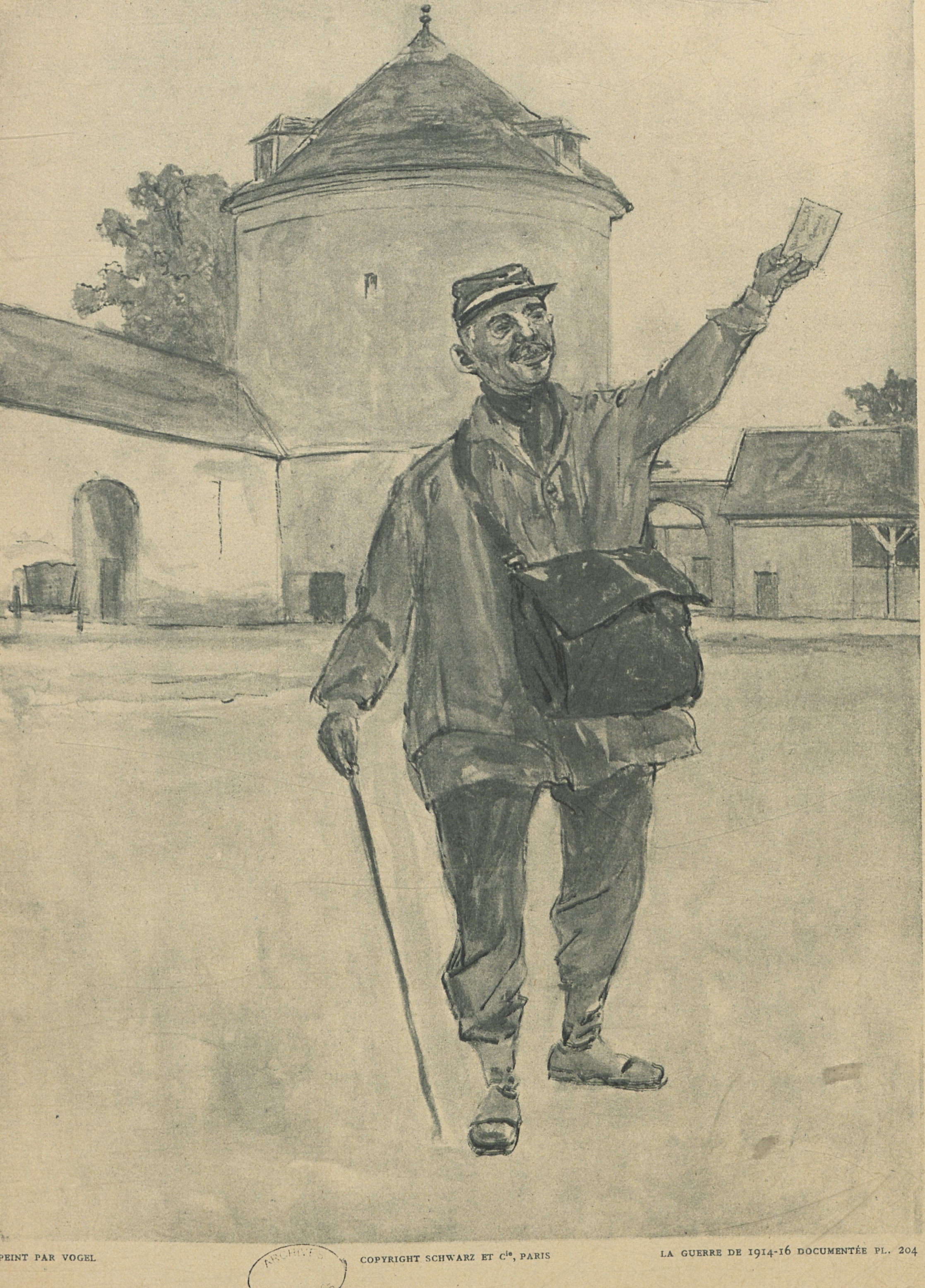 « Bonne nouvelle » : l’arrivée du facteur. Dessin de Vogel, dans La Guerre documentée…, n°22, planche 204. Archives nationales, 700AP/16/PI_030
