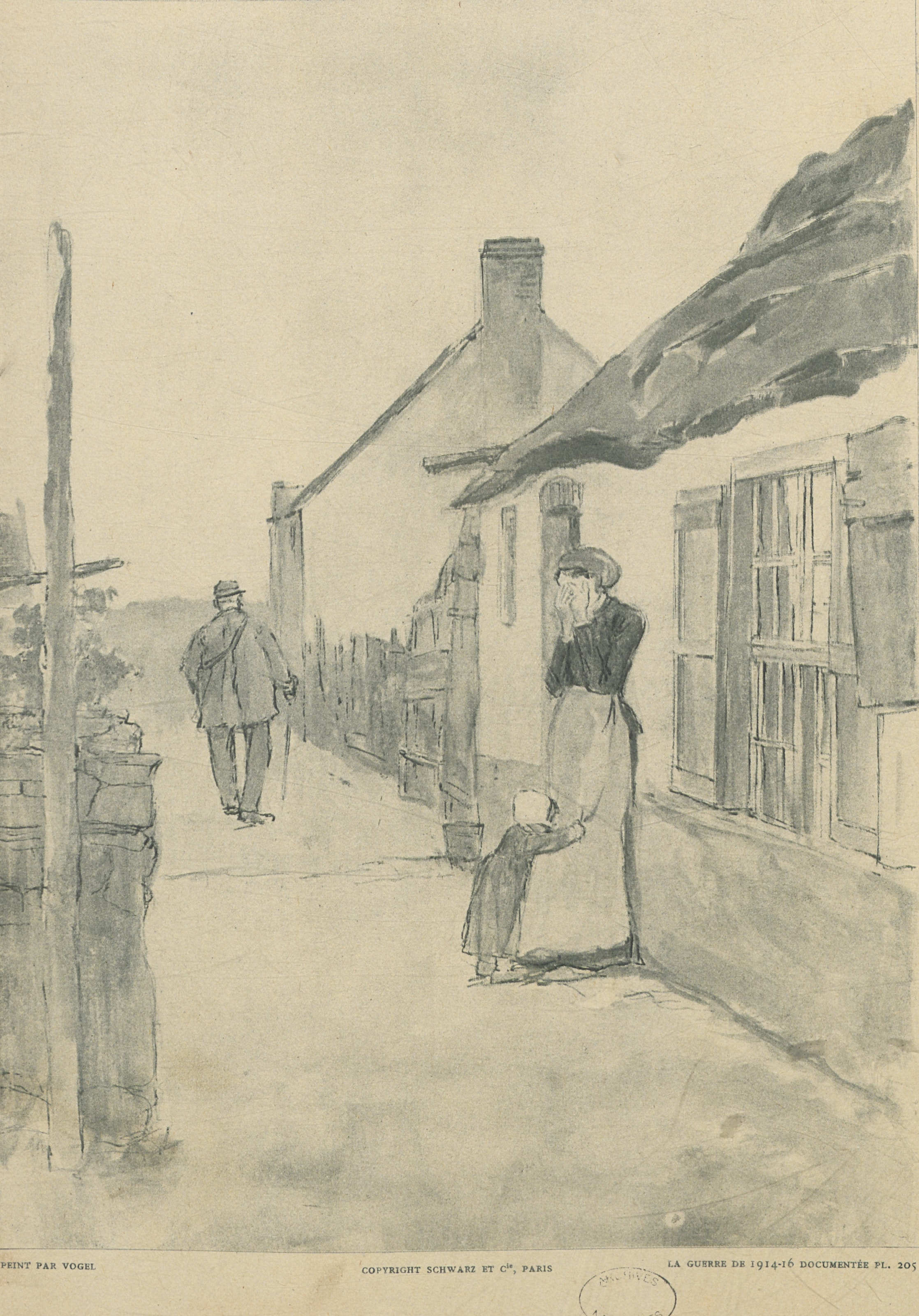 « Mauvaise nouvelle » : le départ du facteur. Dessin de Vogel, dans La Guerre documentée…, n°22, planche 205. Archives nationales, 700AP/16/PI_030