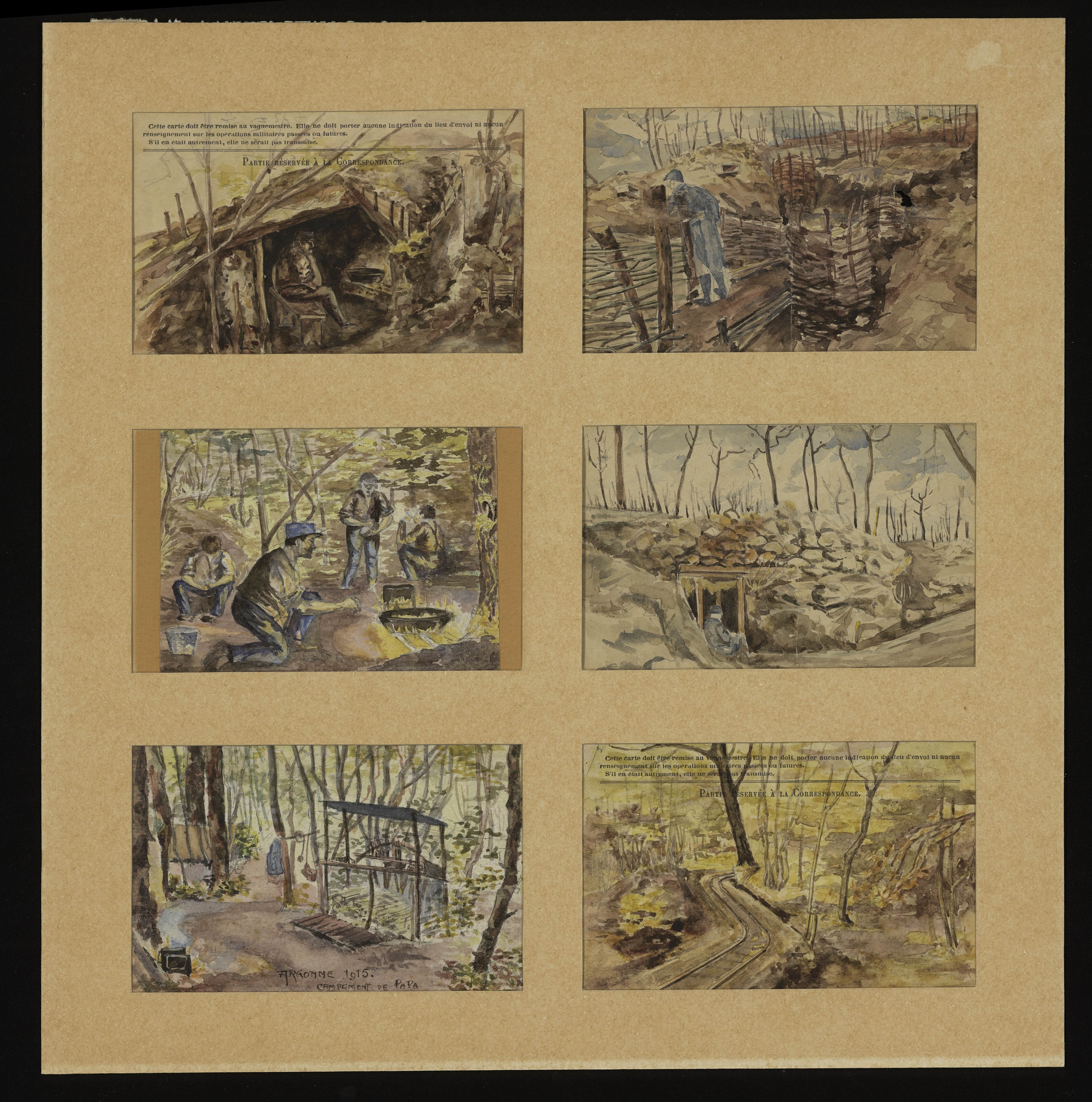 Différents types d’abris en forêt d'Argonne (Meuse). Dessins de Jacques Gaston Boulez sur cartes postales militaires, 31e RI. 1915. Archives nationales, 700AP/6/PA_157