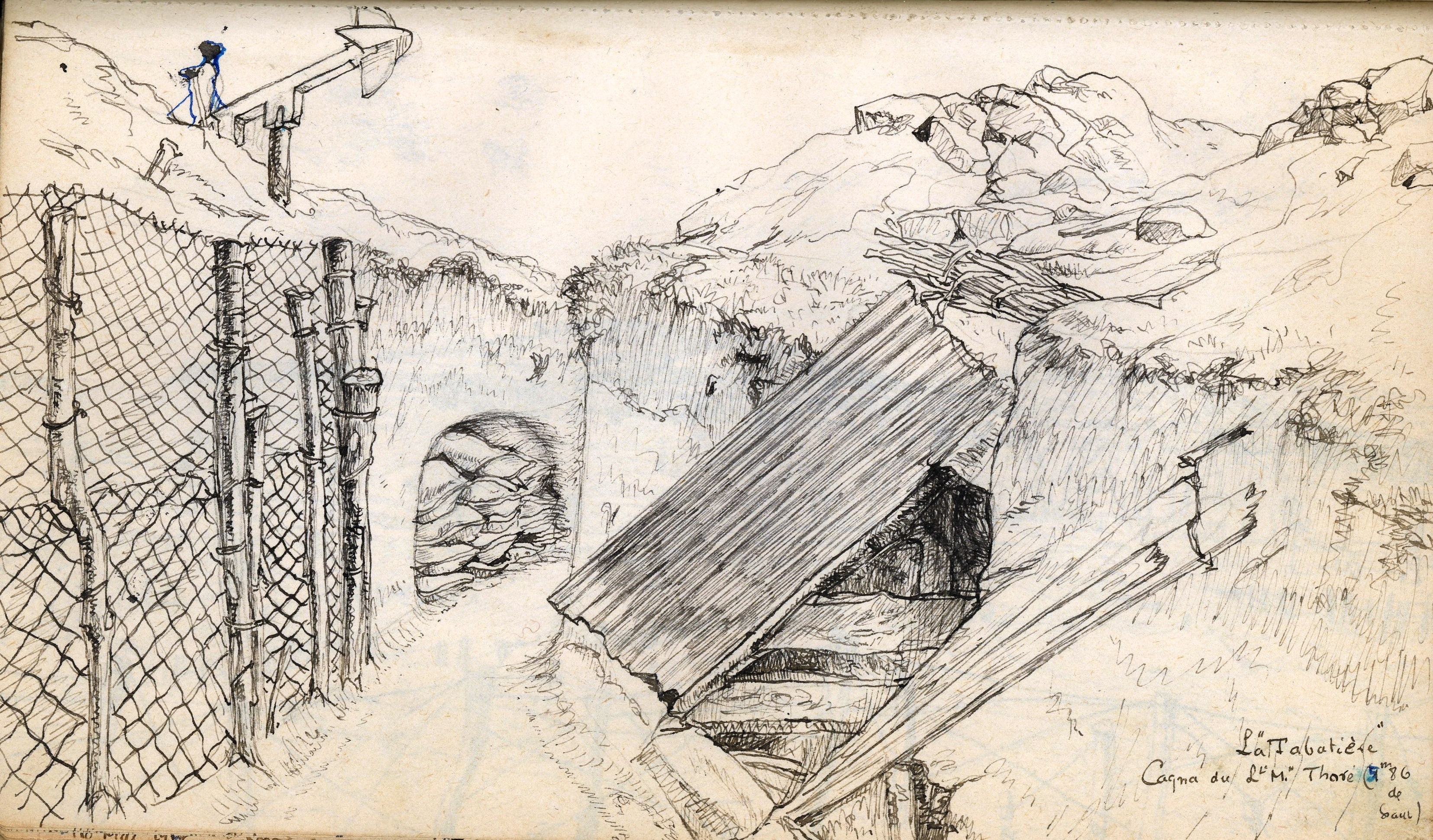 « La Tabatière, cagna du lieutenant Thoré (1m 86 de haut) ». Dessin de Paul Auguste Diffloth, 48e Hussards. 1916. Archives nationales, 700AP/14/PA_343