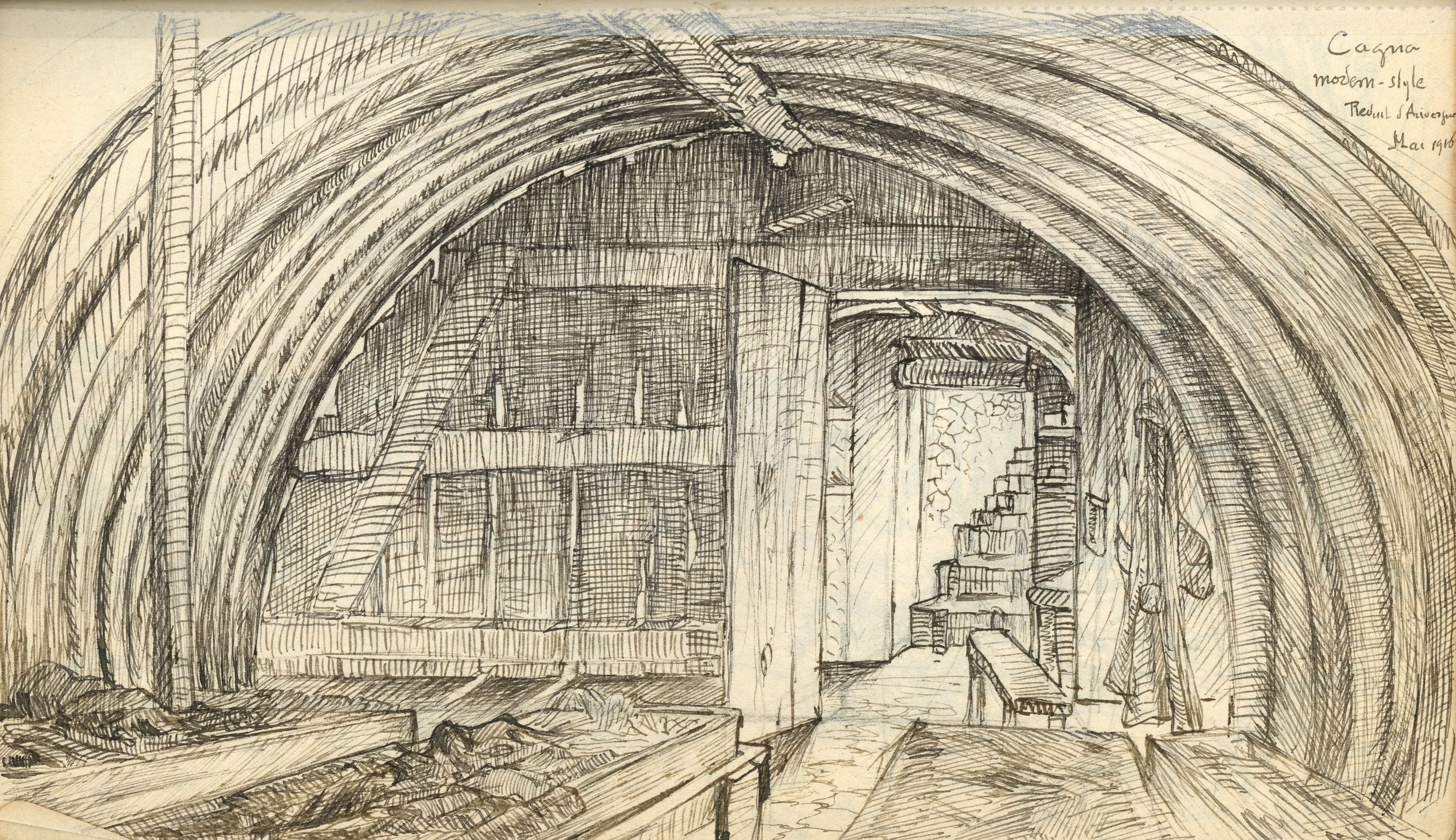Intérieur d’un abri en tôle arrondie. Dessin de Paul Auguste Diffloth, 48e Hussards. 1916. Archives nationales, 700AP/14/PA_343