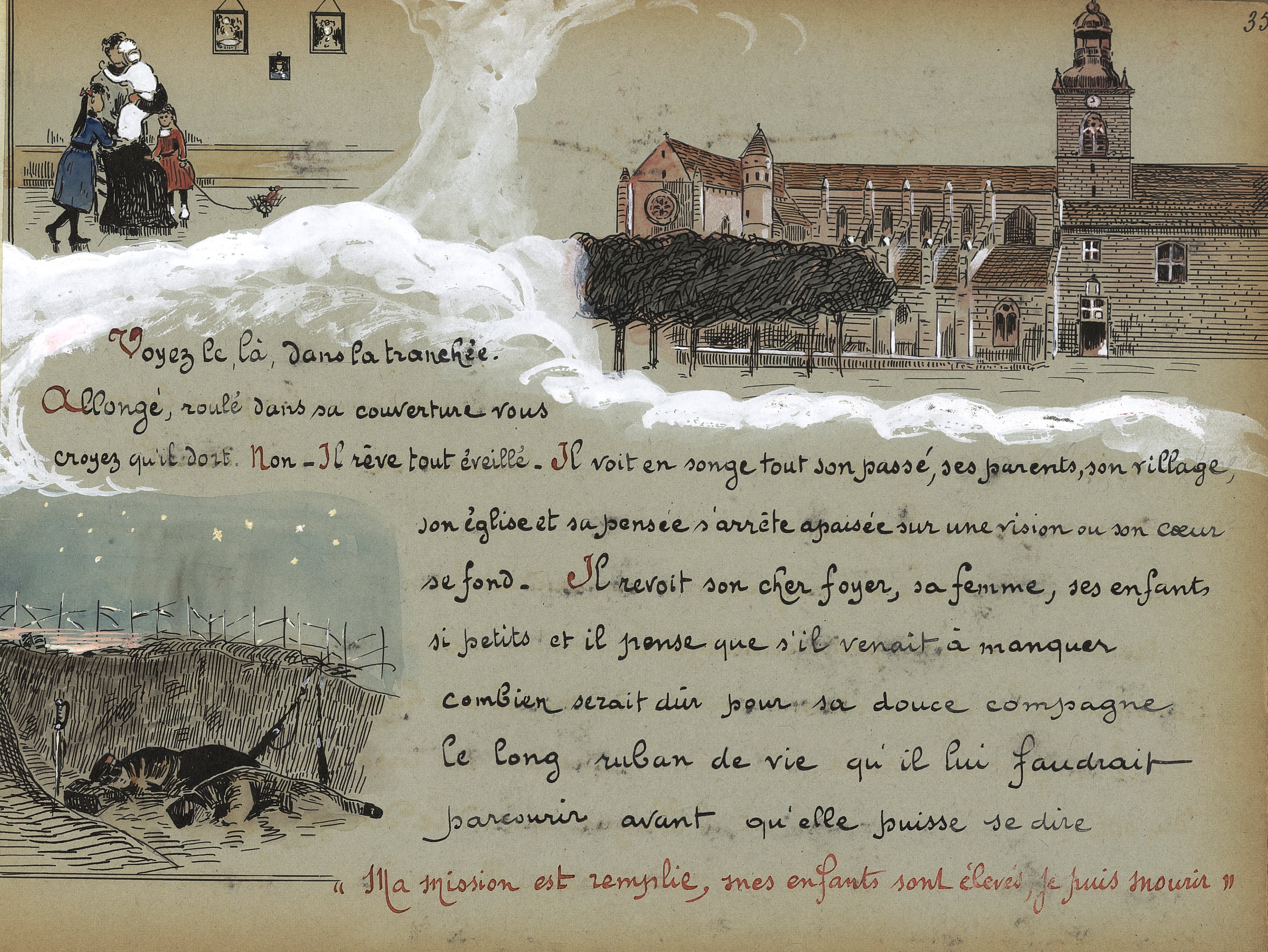 Nuit dans la tranchée. Texte et dessin d’Henri Lecomte, 24e R. d'Infirmiers militaires, dans son album illustré intitulé « Les deux familles. En souvenir du sergent Edmond Pierrot, mort pour la patrie ». Décembre 1915. Archives nationales, 700AP/3/PA_022