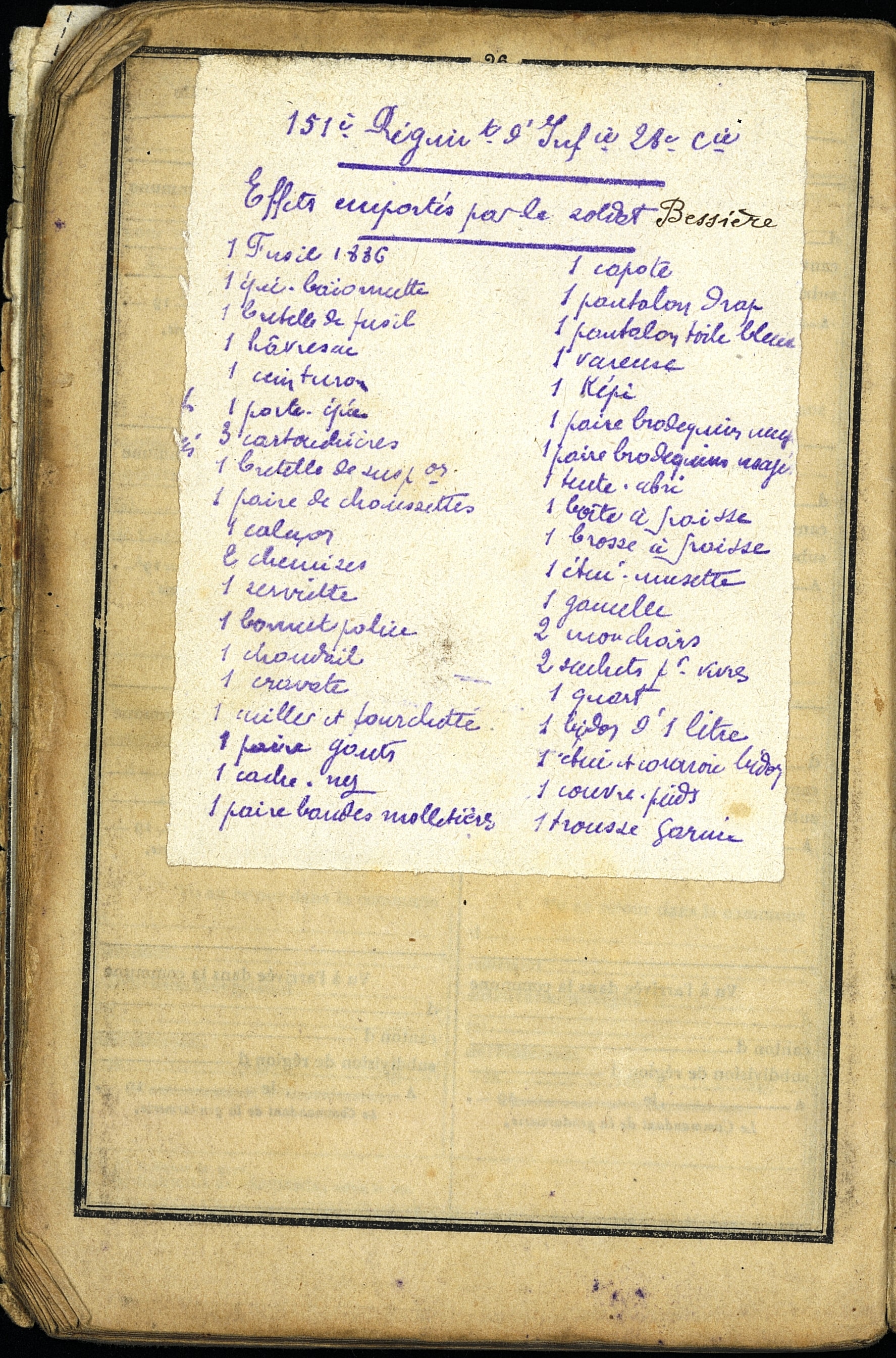 Liste de paquetage, dans le livret militaire de Louis Bessière, 131e RI, d'Espalion (Aveyron). 1906. Archives nationales, 700AP/2/PA_008