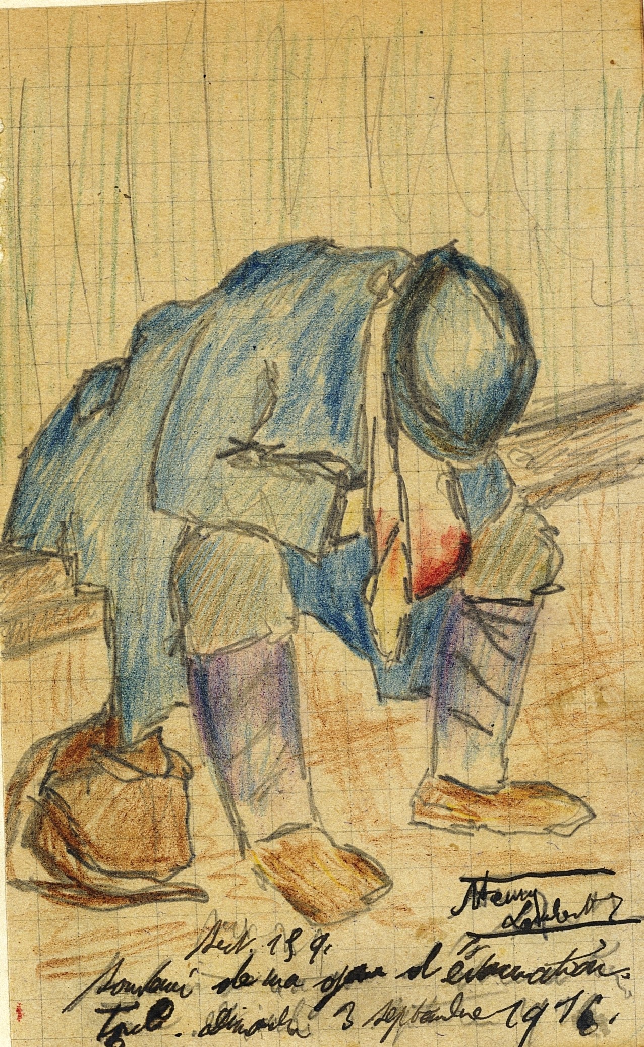 « Souvenir de ma gare d’évacuation. 3 septembre 1916 ». Dessin d’Henri Lambert, 66e RI, dans son carnet de souvenirs. Archives nationales, 700AP/13/PA_324