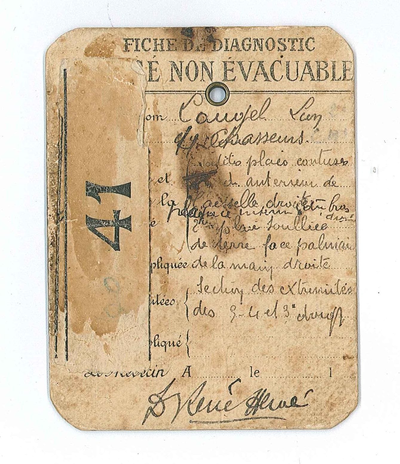 Fiche « blessé non évacuable » au nom de Jean-Marie Léon Laugel, 13e RI. 20 juillet 1916. Archives nationales, 700AP/3/PA_012