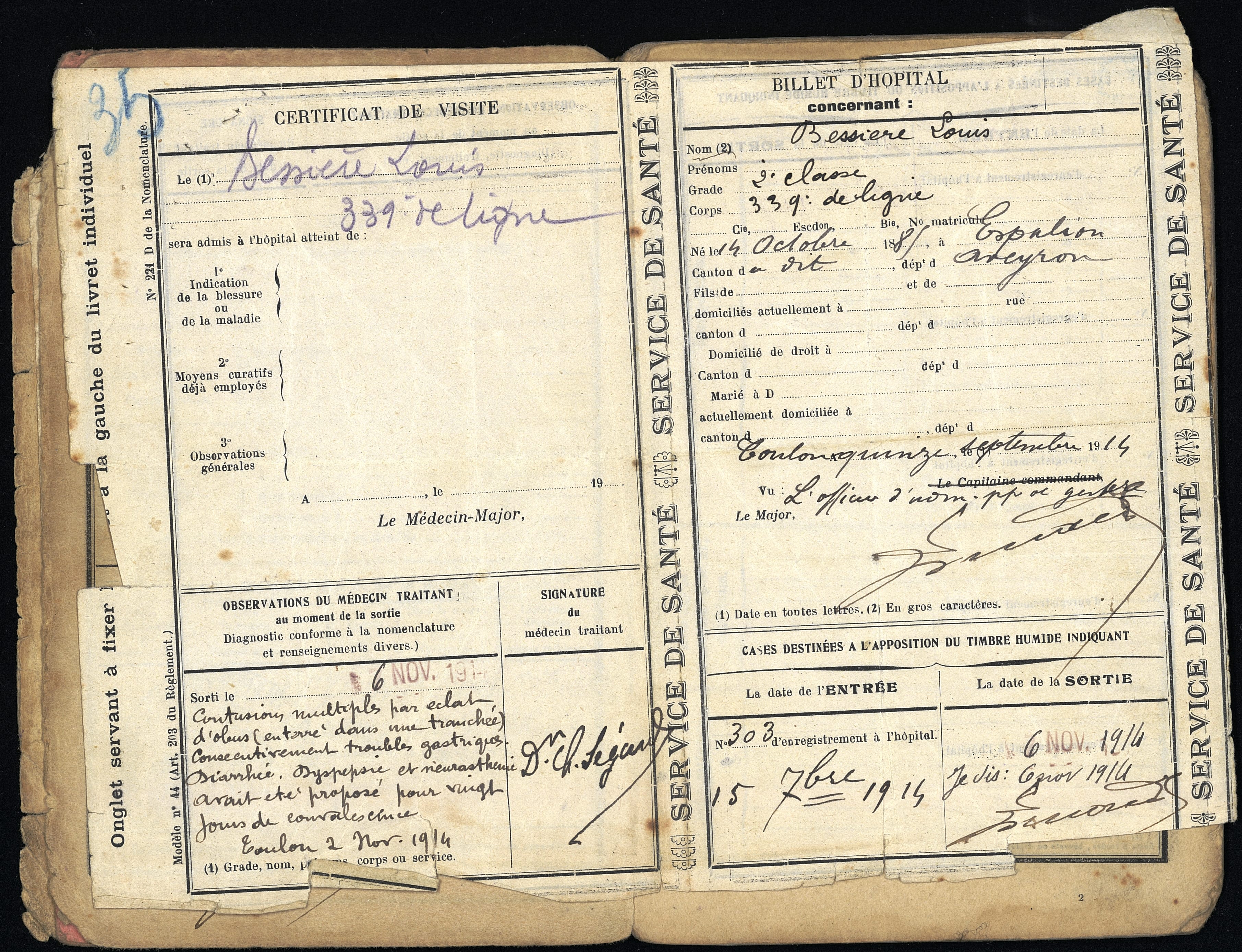 Billet d’hôpital de Louis Bessières, 131e RI, d'Espalion (Aveyron) : « contusions multiples par des éclats d’obus, enterré dans une tranchée ». 6 novembre 1914. Archives nationales, 700AP/2/PA_008