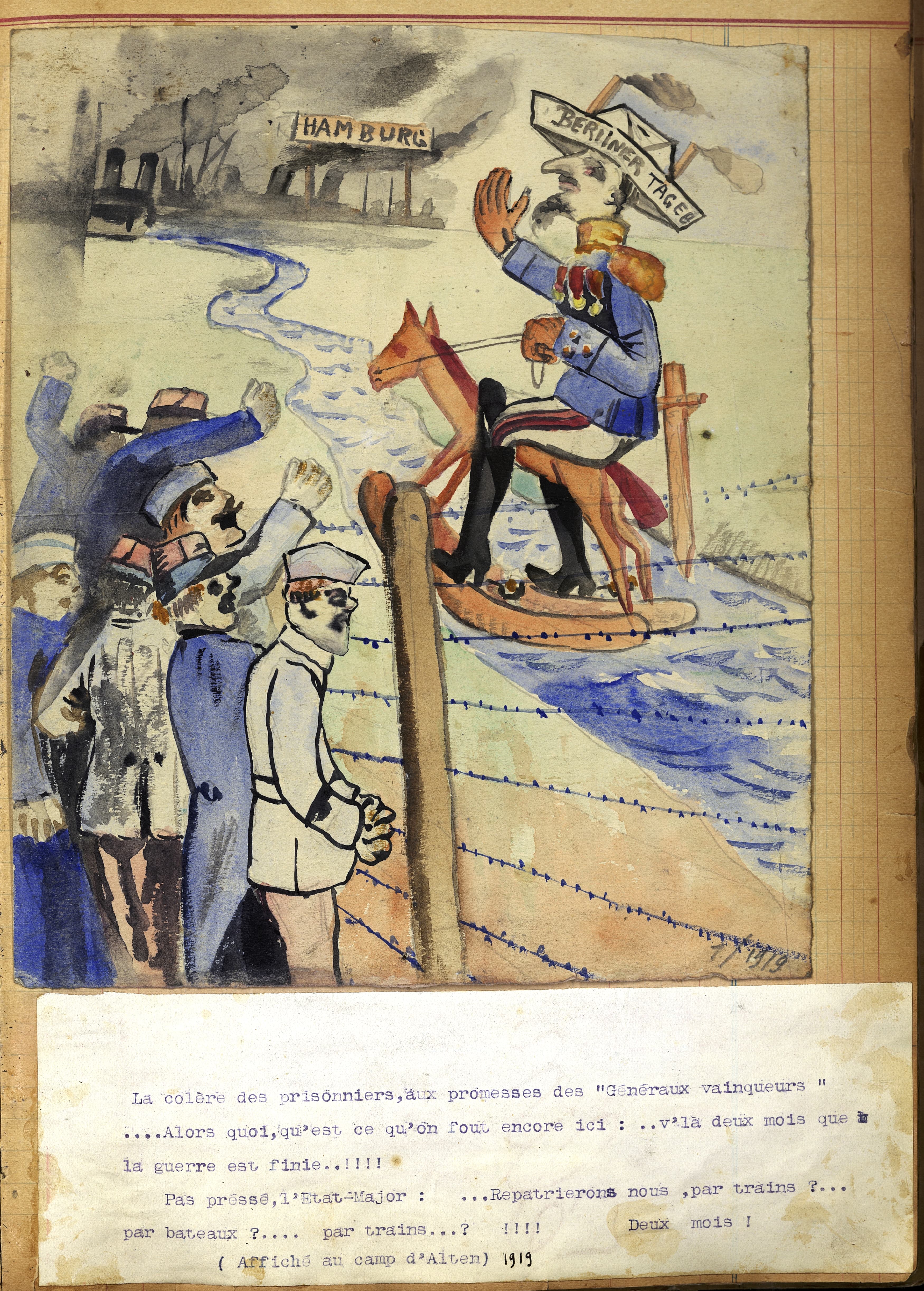 « La colère des prisonniers » non rapatriés deux mois après la fin de la guerre, camp d’Alten Grabow près de Magdebourg (Allemagne, Saxe-Anhalt). Dessin dans le carnet du caporal Roger
Fantoullier. Janvier 1919. Archives nationales, 700AP/3/PA_023/2