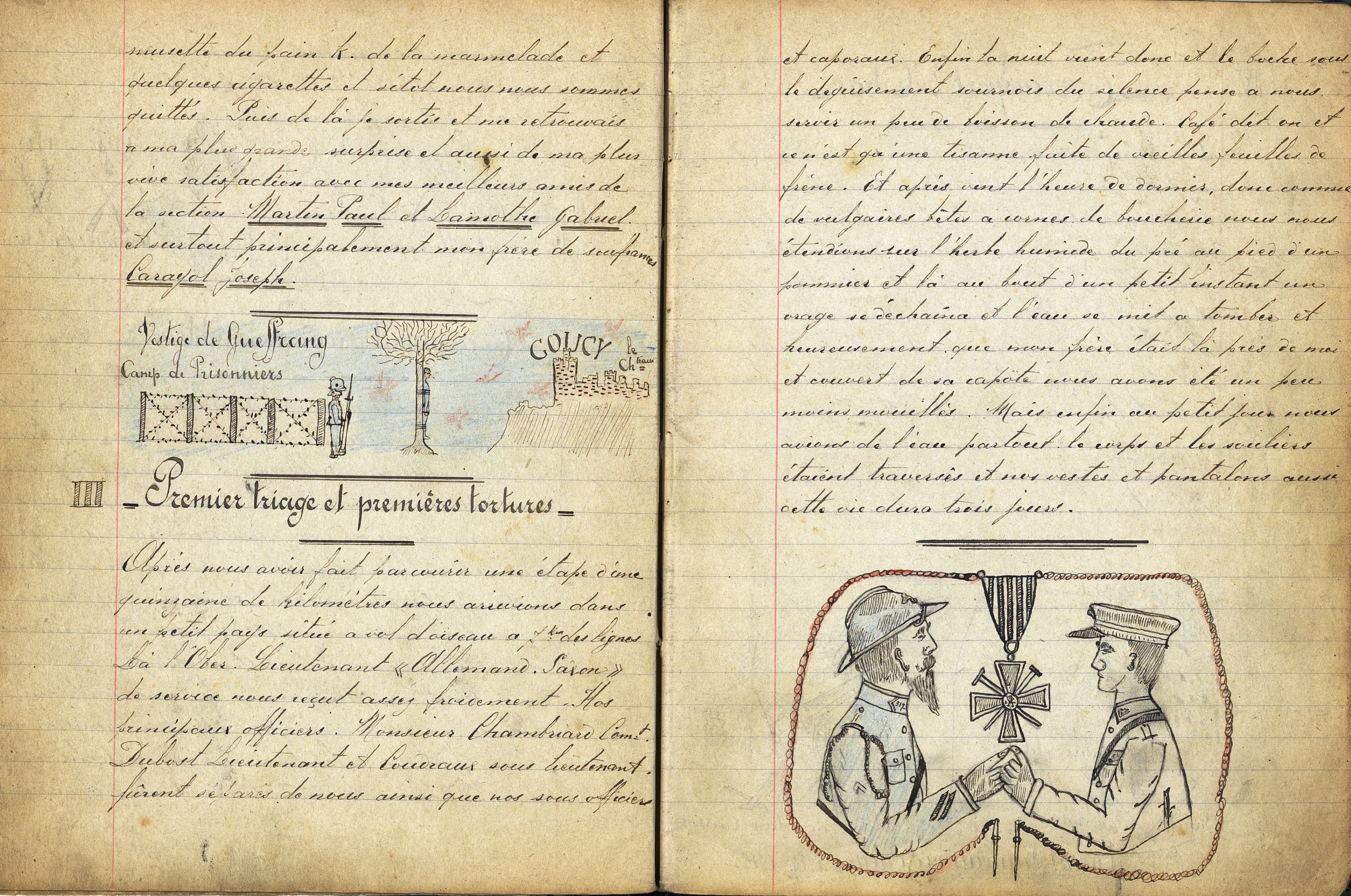 « Premiers triages et premières tortures » en juillet 1918 au camp de prisonnier allemand de Coucy-le-Château (France, Aisne). Carnet de souvenirs d’Henri Camier, 317e RI. Archives nationales, 700AP/11/PA_268