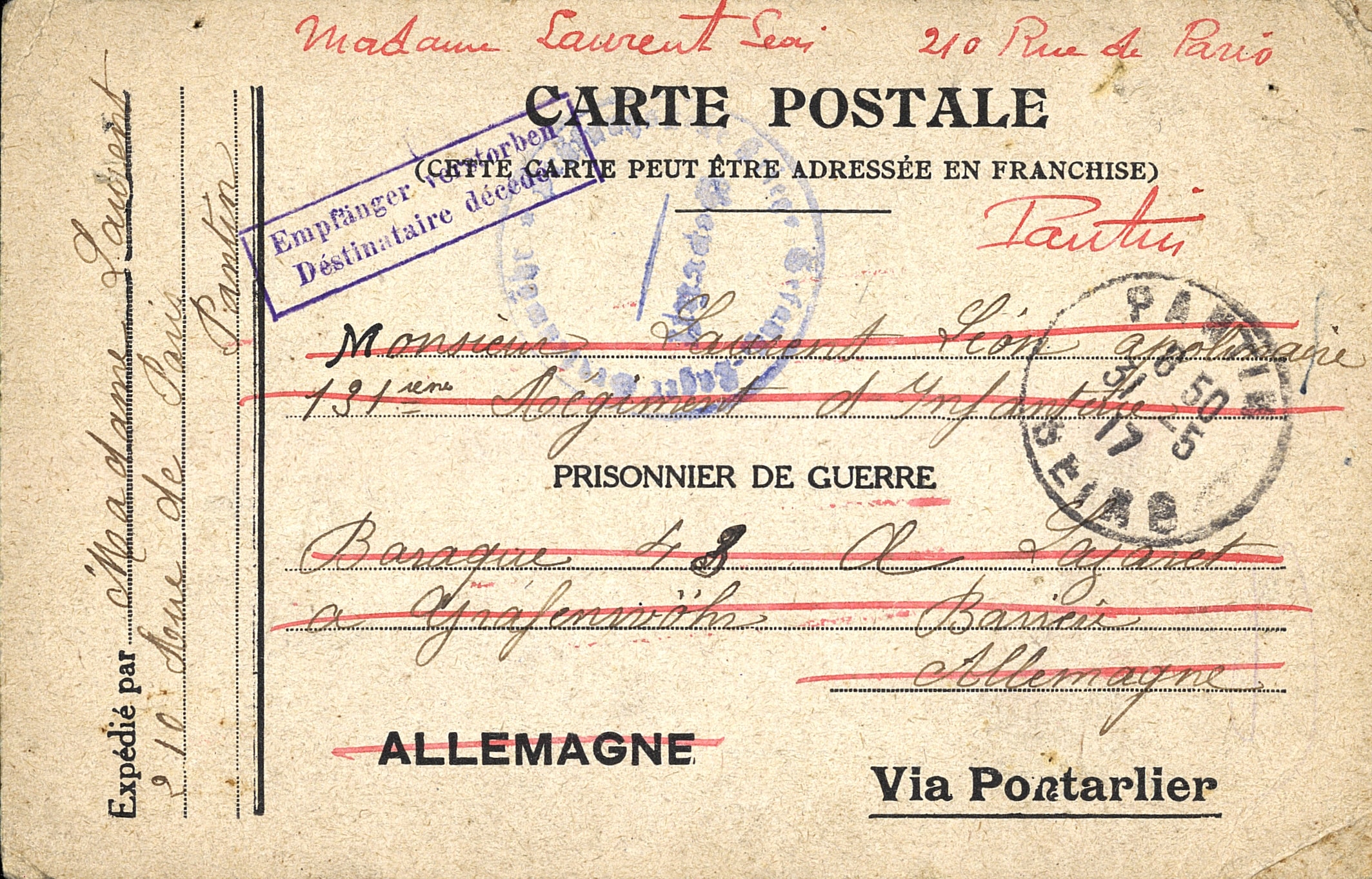 Correspondance militaire, retour à l’expéditeur : prisonnier de guerre décédé (Léon Laurent, 141e RI), à Grafenwöhr (Allemagne, Bavière). 31 mai 1917. Archives nationales, 700AP/6/PA_172