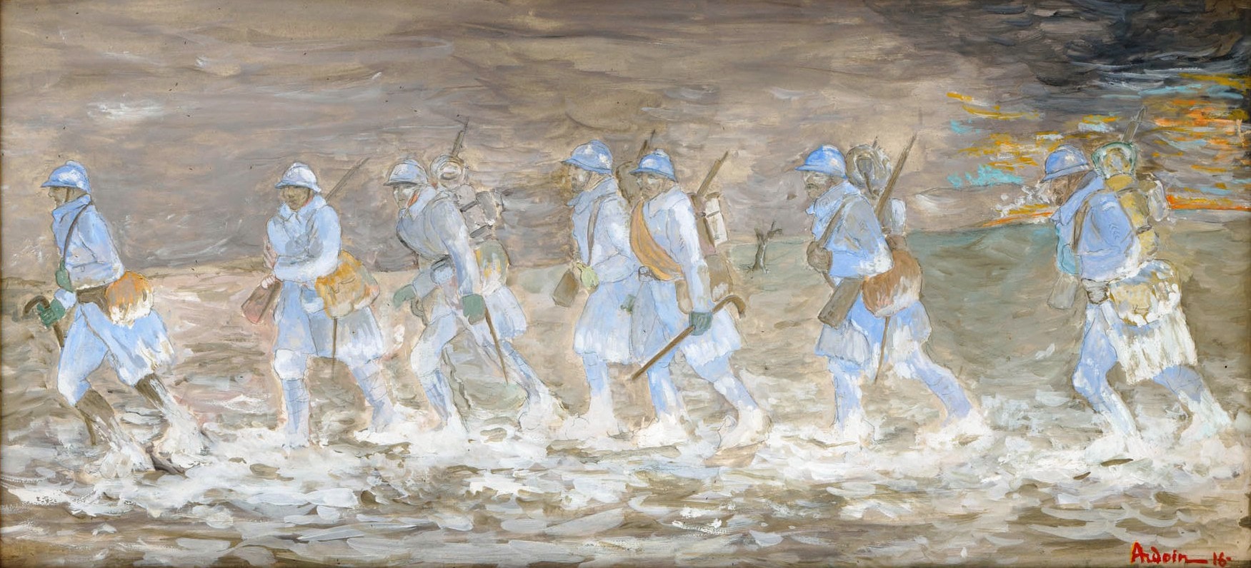 Marche de Poilus dans la boue. Dessin du docteur Gustave François Ardoin. 1916. Archives nationales, 700AP/14/PA_346/1