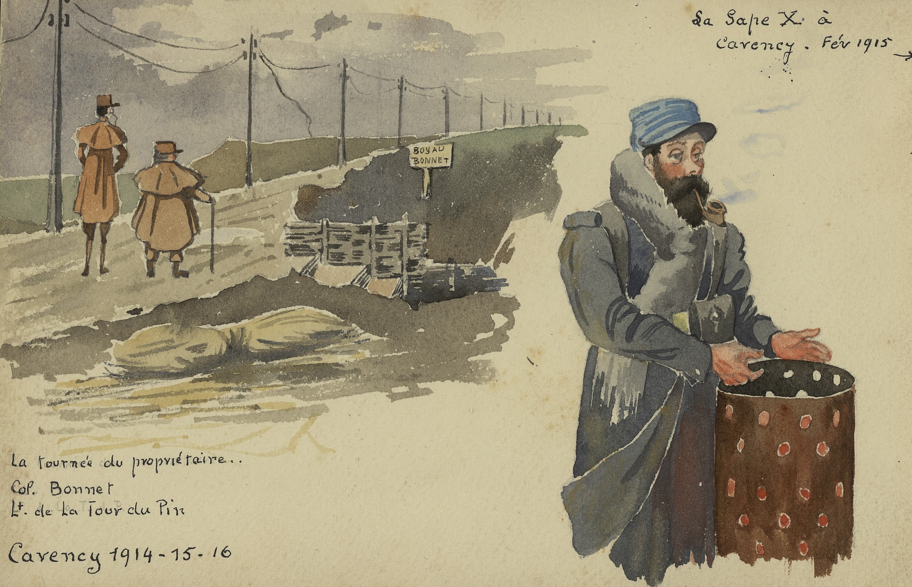 « La sape X à Carency » (Pas-de-Calais) en hiver, février 1915. Dessin du lieutenant Hubert de Monbrison, 1er Cuirassés. Archives nationales, 700AP/5/PA_097
