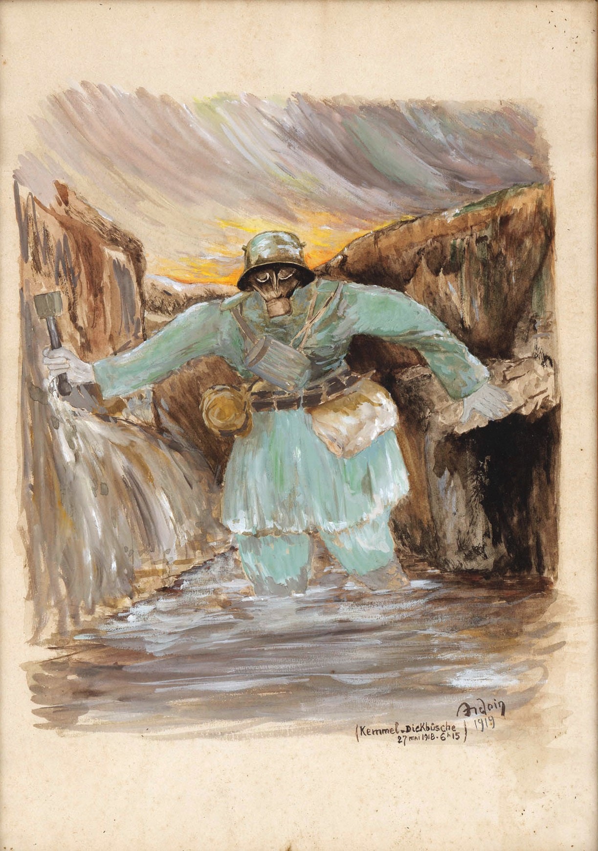 Le soldat allemand Willy Gunkel avec un masque à gaz dans une tranchée, de l'eau jusqu'aux genoux, avec la légende : « Kemmel Diekbüsche - 27 mai 1918 - 6h15 ». Dessin du docteur Gustave François Ardoin. 1919. Archives nationales, 700AP/14/PA_346