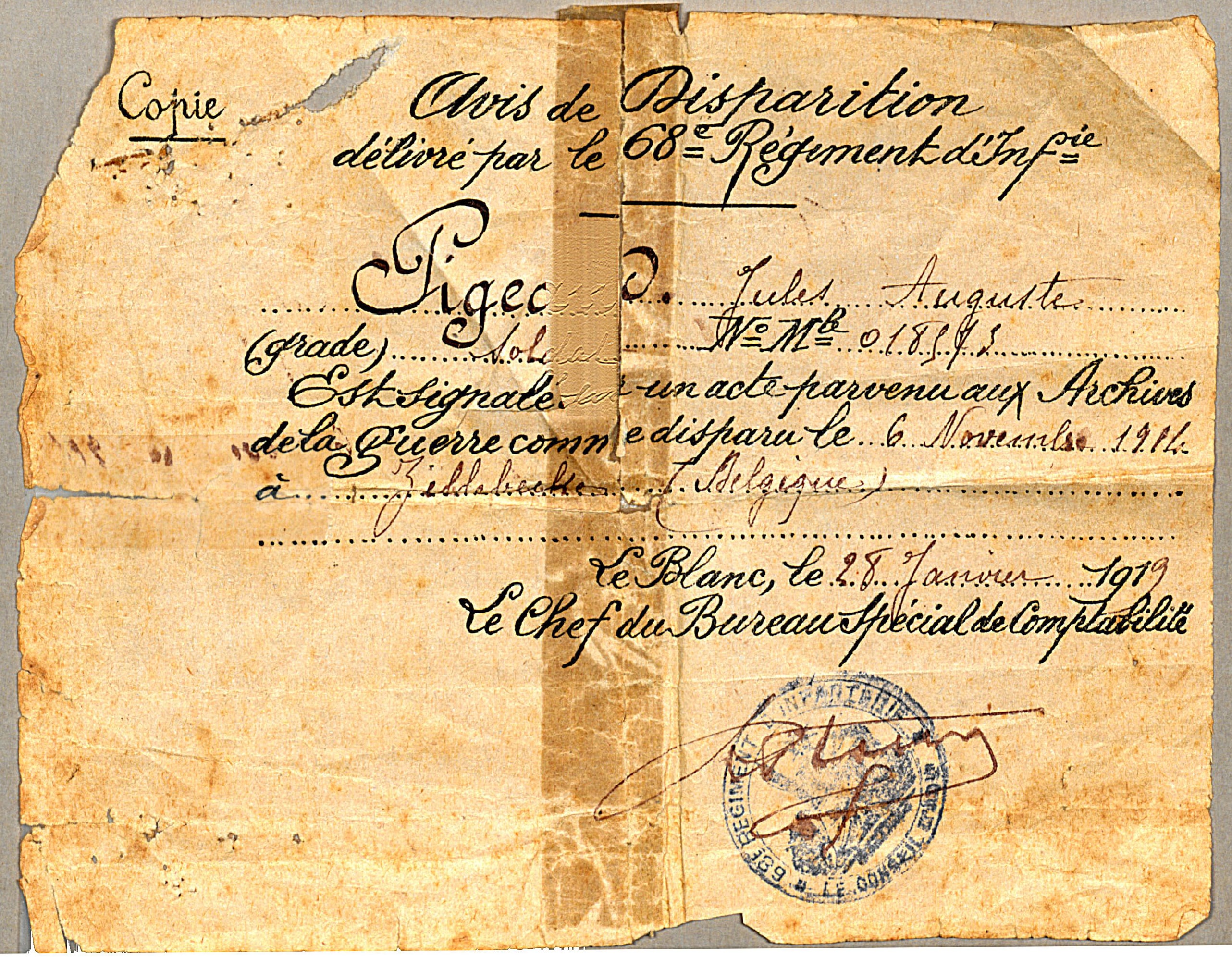 Avis officiel de disparition d'Émile Pigeaud († 6 novembre 1914), 68e RI. 28 janvier 1919. Archives nationales, 700AP/15/PI_024