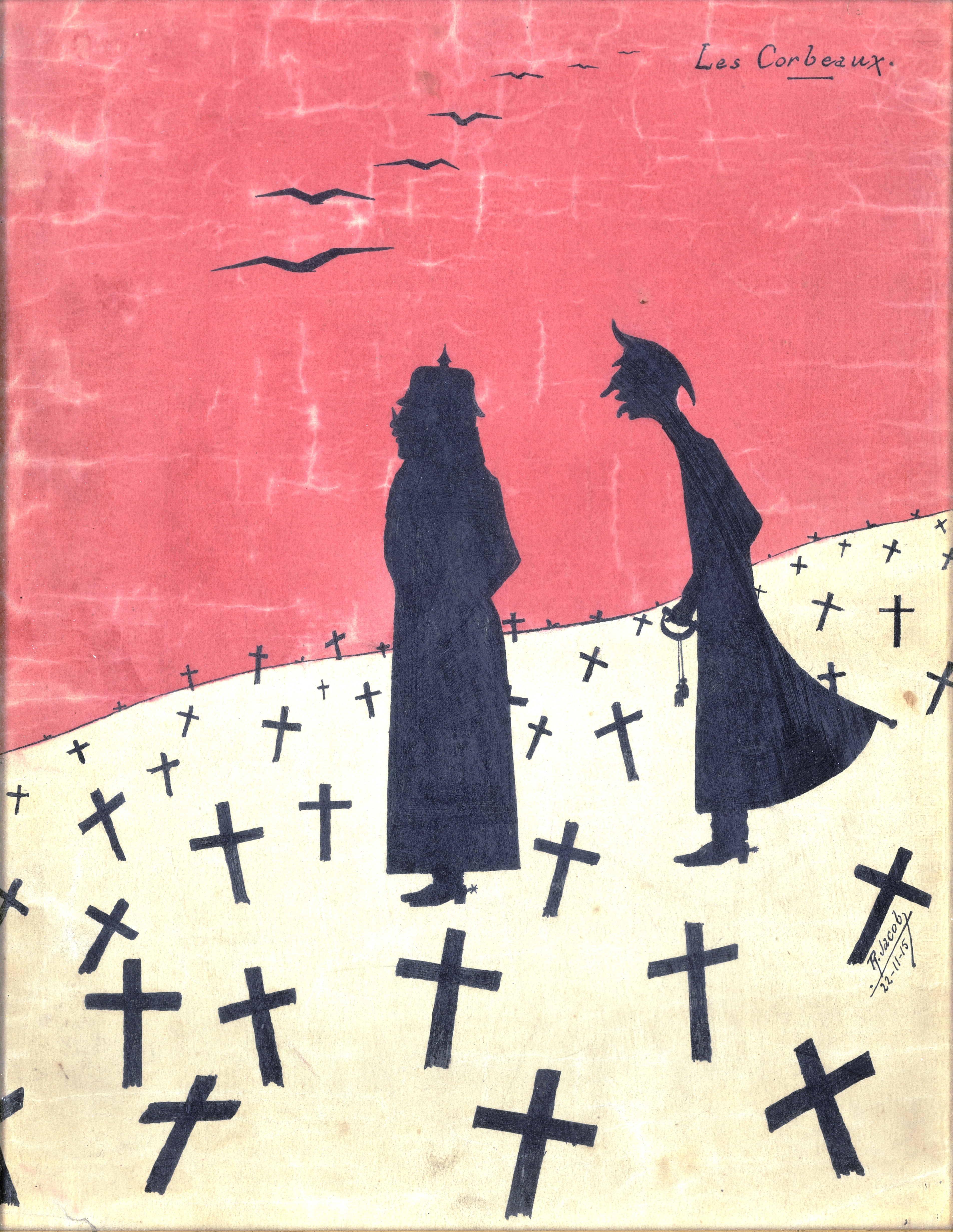 « Les corbeaux ». Dessin du sous-lieutenant René Jacob († 7 octobre 1918), 46e RI. 22 novembre 1915. Archives nationales, 700AP/13/PA_325